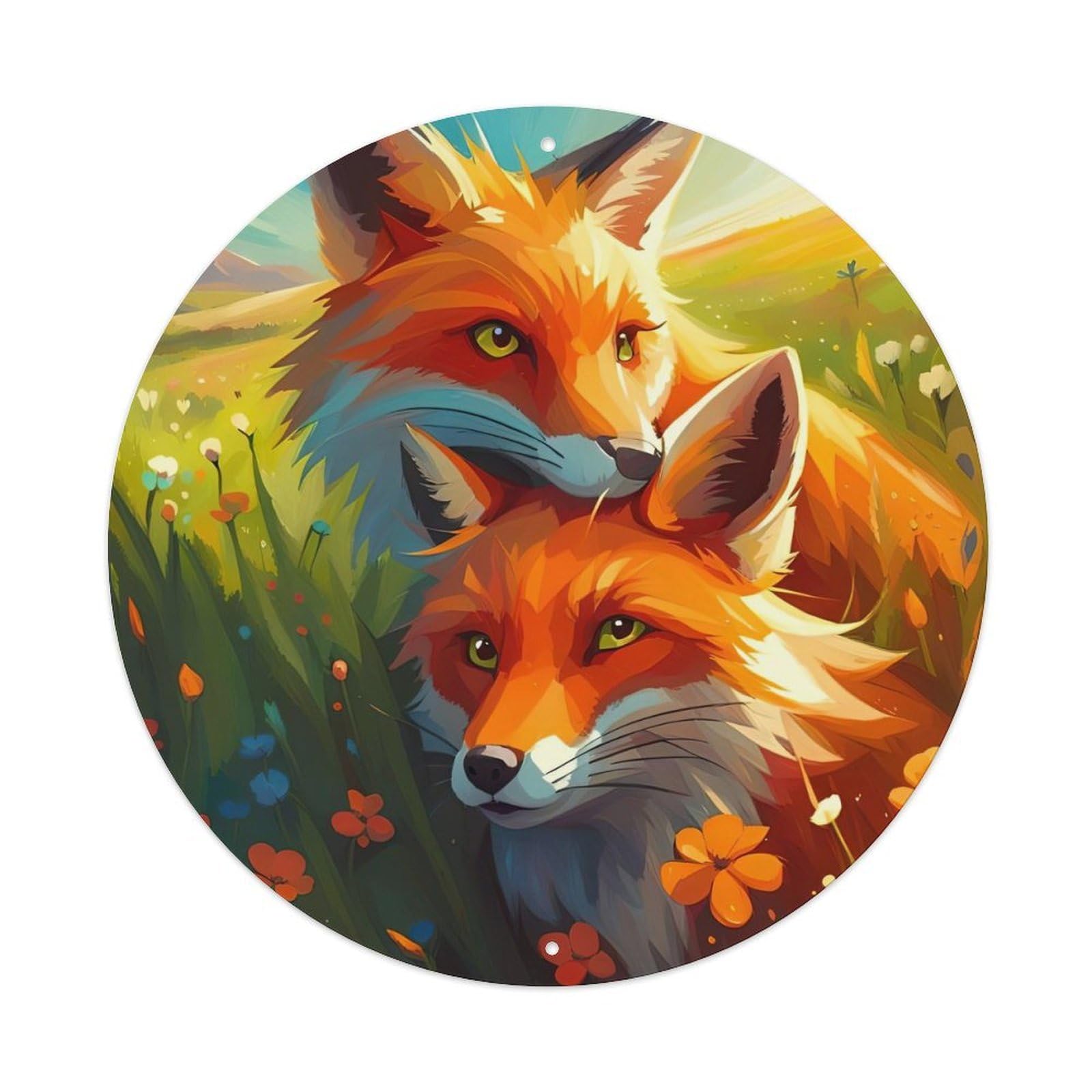 Animal Artwork Two Foxes in The Grass Vintage Metal Tin Sign Plaque Wall Decor for Cafe, Club Bar, Office, Garden Metal Poster 8x8Inch