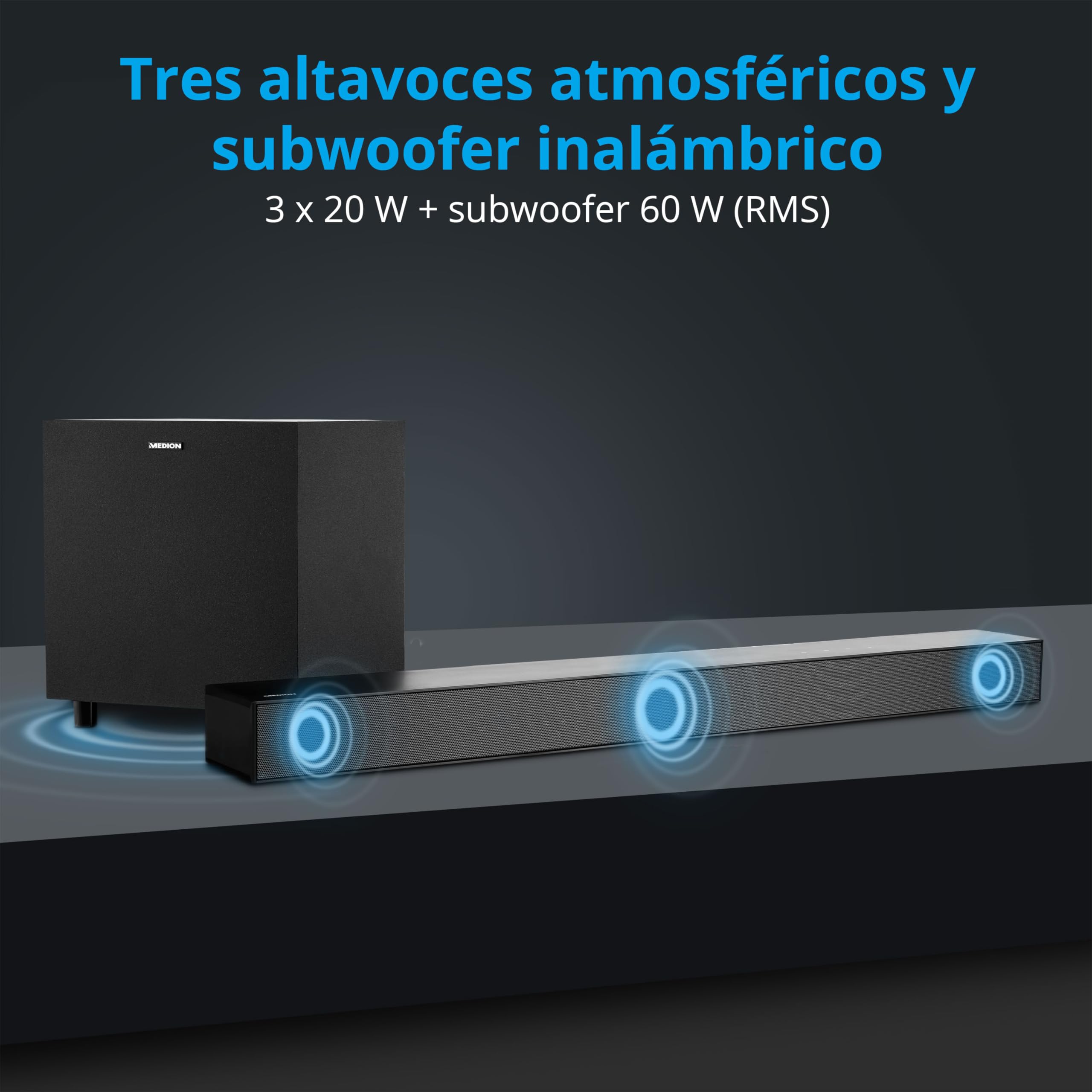MEDION S61022 Barra de Sonido Dolby Atmos 3.1 con subwoofer inalámbrico (para televisores, Bluetooth 5.3, HDMI eARC CEC, Entrada óptica, AUX, subwoofer inalámbrico 3 x 20 W + 60 W (RMS)