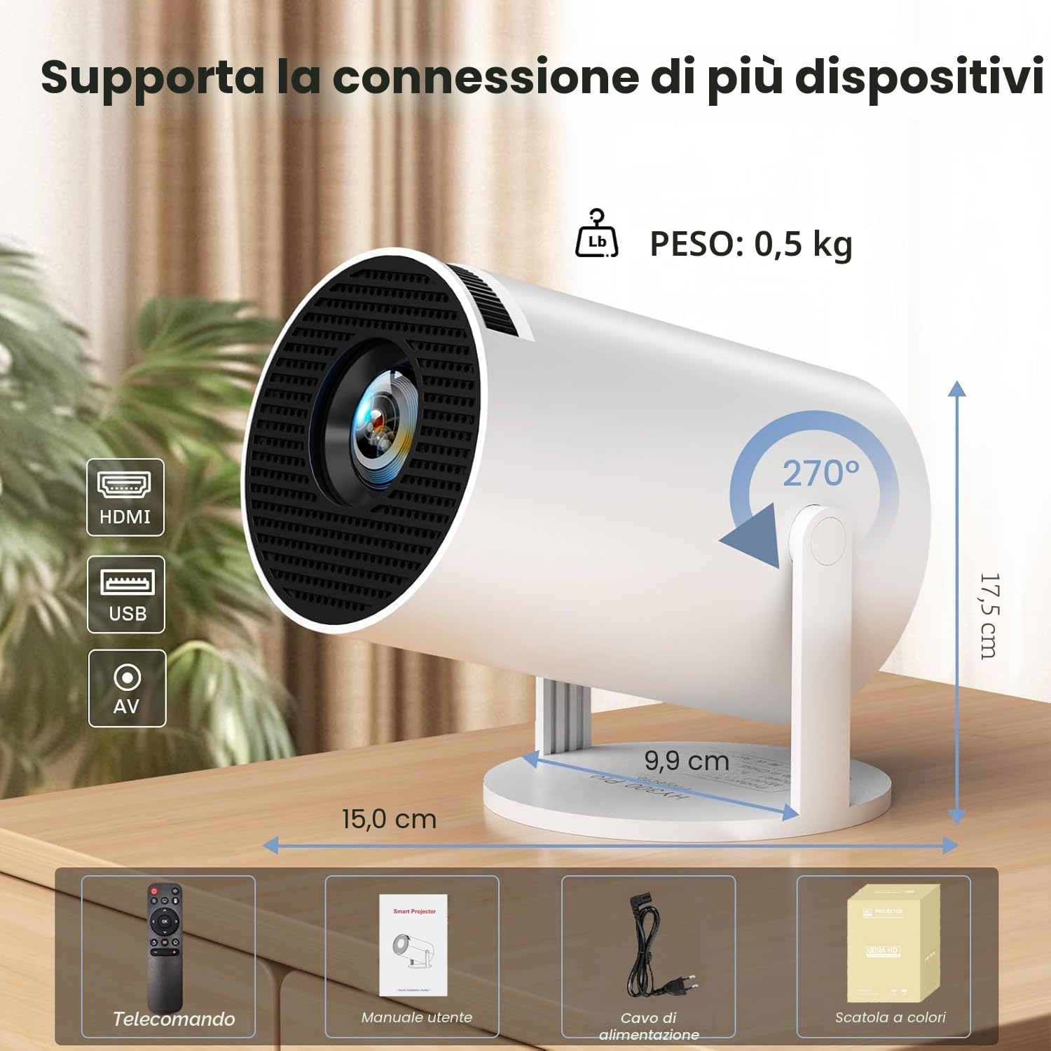 Proiettore 4K portatile, mini proiettore video 1080P FHD compatibile con Android e Netflix, WiFi 6, BT 5.0, rotazione a 180°, videoproiettore con correzione automatica del trapezio