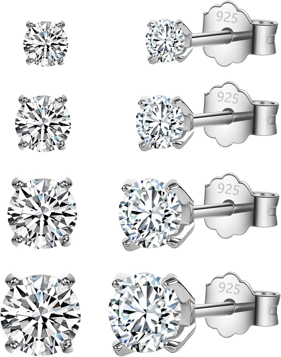EPIRORA4 Pairs Sterling Silver Earrings Set Hypoallergenic Earrings Cubic Zirconia Stud Earrings Birthday Gift Earrings For Women White Gold Black Gold 3/4/5/6/mmm