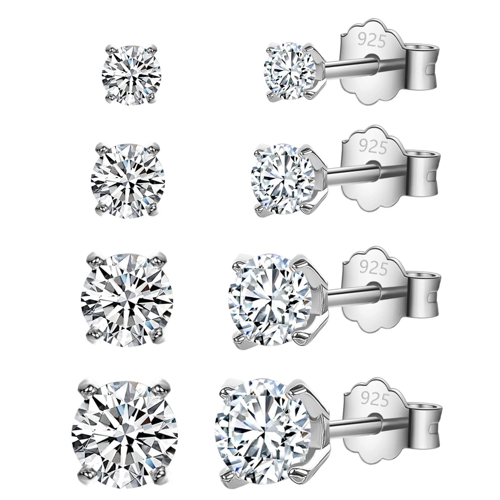 EPIRORA4 Pairs Sterling Silver Earrings Set Hypoallergenic Earrings Cubic Zirconia Stud Earrings Birthday Gift Earrings For Women White Gold Black Gold 3/4/5/6/mmm