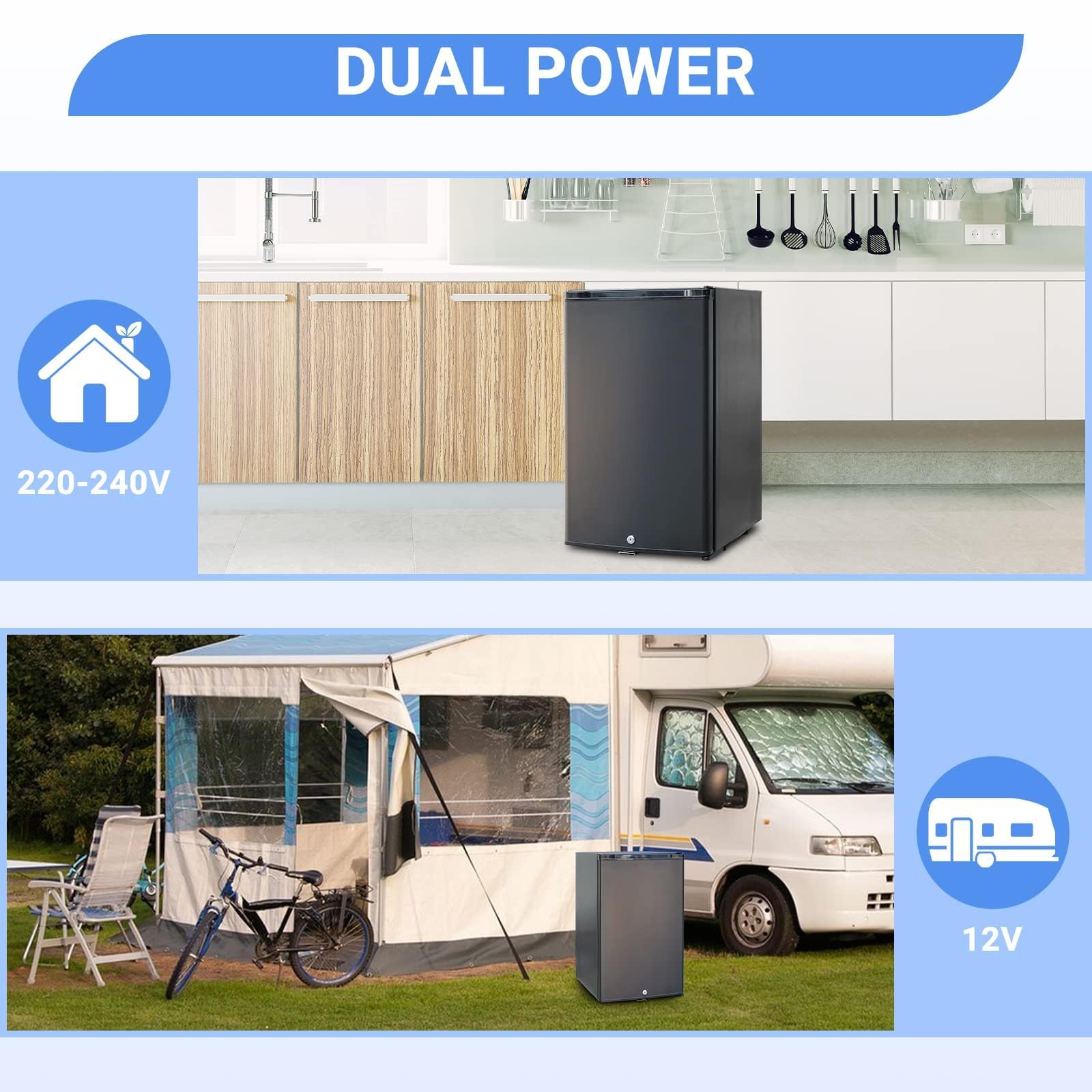 SMETA Camping Kühlschrank 12V 230V, 50L Campingkühlschrank mit Schloss, 0dB Absorber Kühlschrank Wohnmobil für Wohnwagen, LKW, Camping, Auto, Lautlos, Schwarz