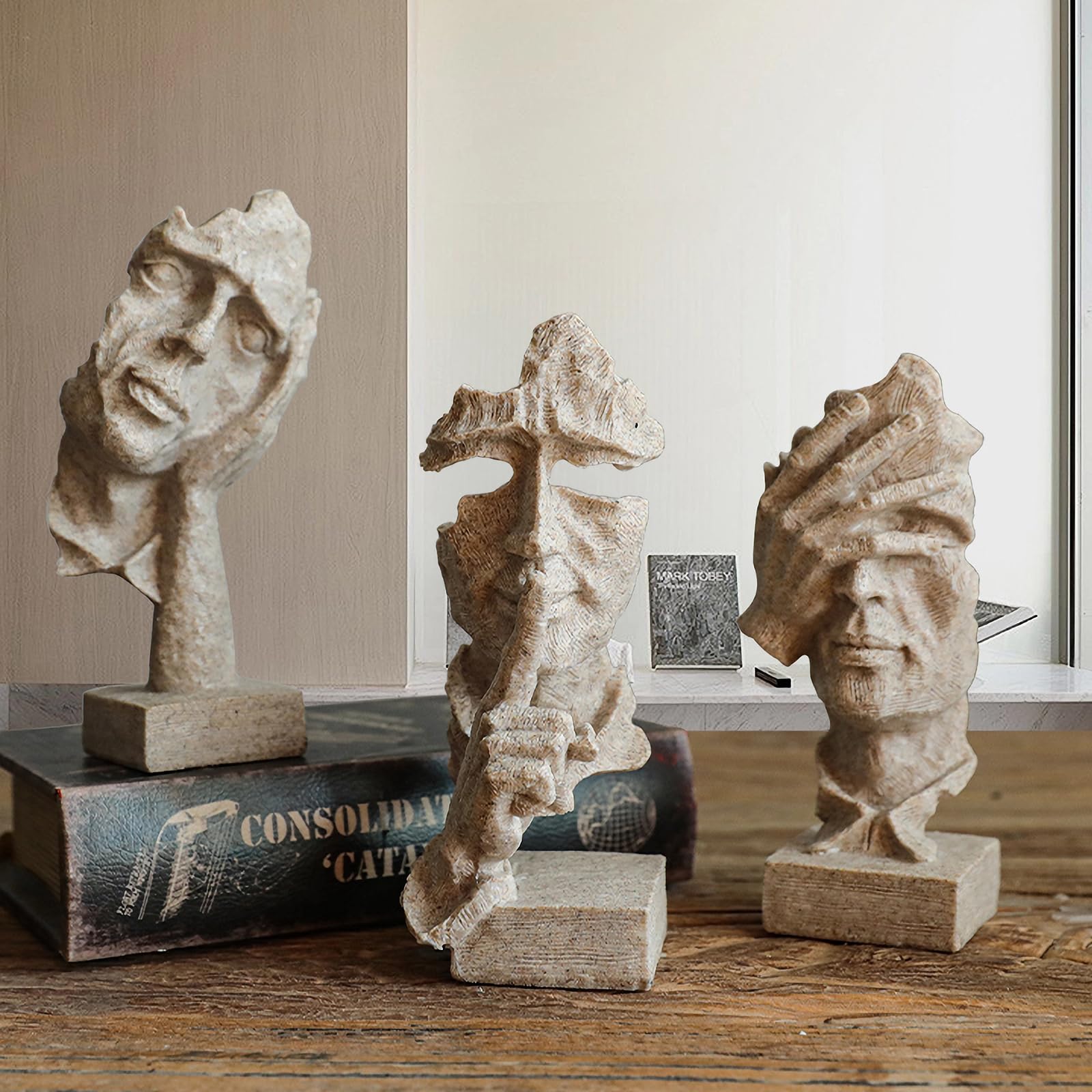 XYQXYQ 3 Pcs Thinker Statue, Silence Sandstone Abstract Art Figurine, Modern Home Decor for Desk/Bookshelf - Image 3