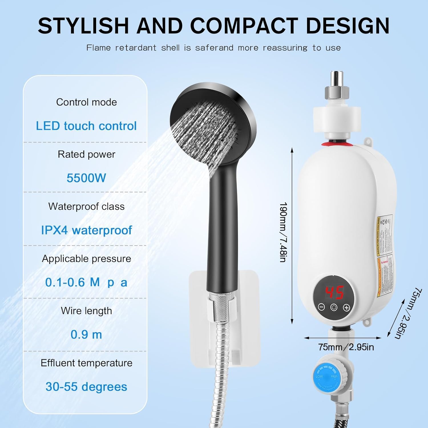 Scaldacqua elettrico istantaneo (con kit doccia) 5500 W 220 V mini scaldabagno senza serbatoio acqua calda, indicatore di temperatura LED + tecnologia intelligente inverter (5500 W)