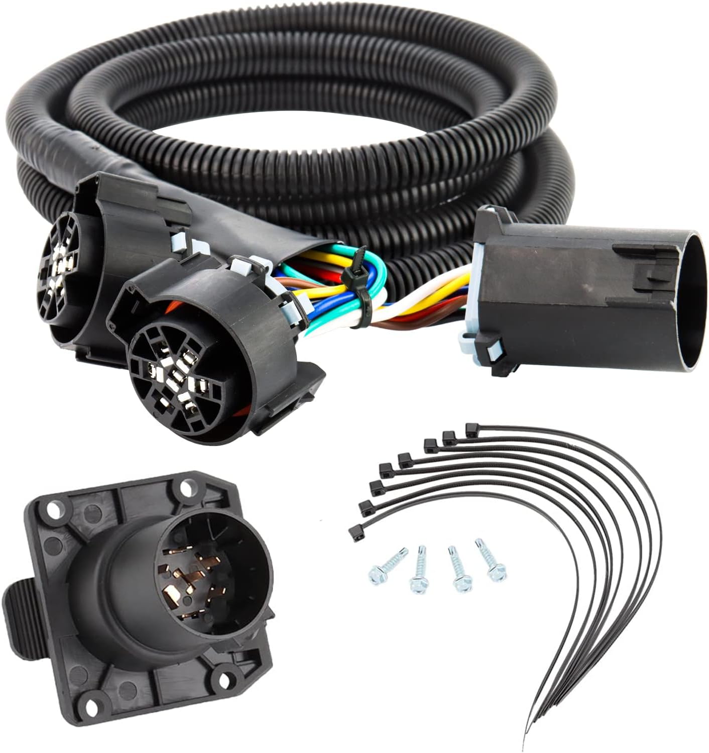 Truck Bed 7-Foot 7-Pin Vehicle-Trailer Side Wiring Plug Adapter Harness Extension with Connector fit for Chevy, Nissan, Dodge, Ford, GMC, Toyota Vehicles - Silverado Ram, Sierra, Tundra # 56070