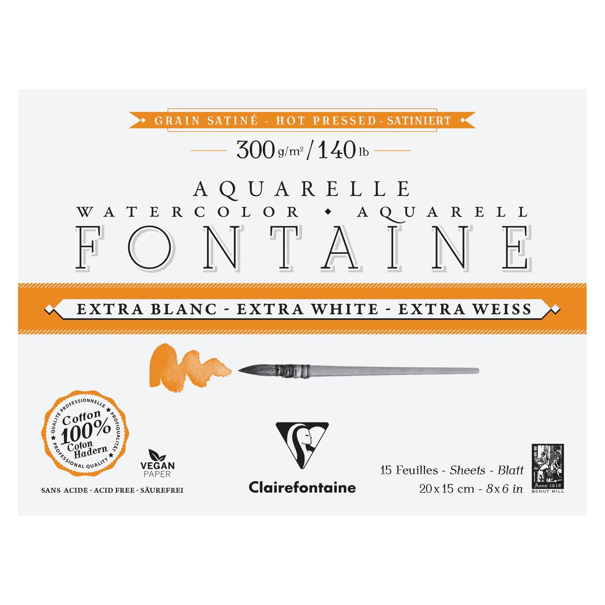 Clairefontaine 976018C Extra White Fontaine 4-Sided Glued Pad - 15 Sheets of Extra White Watercolour Paper 100% Cotton Satin Grain - Professional 20x15cm 300g
