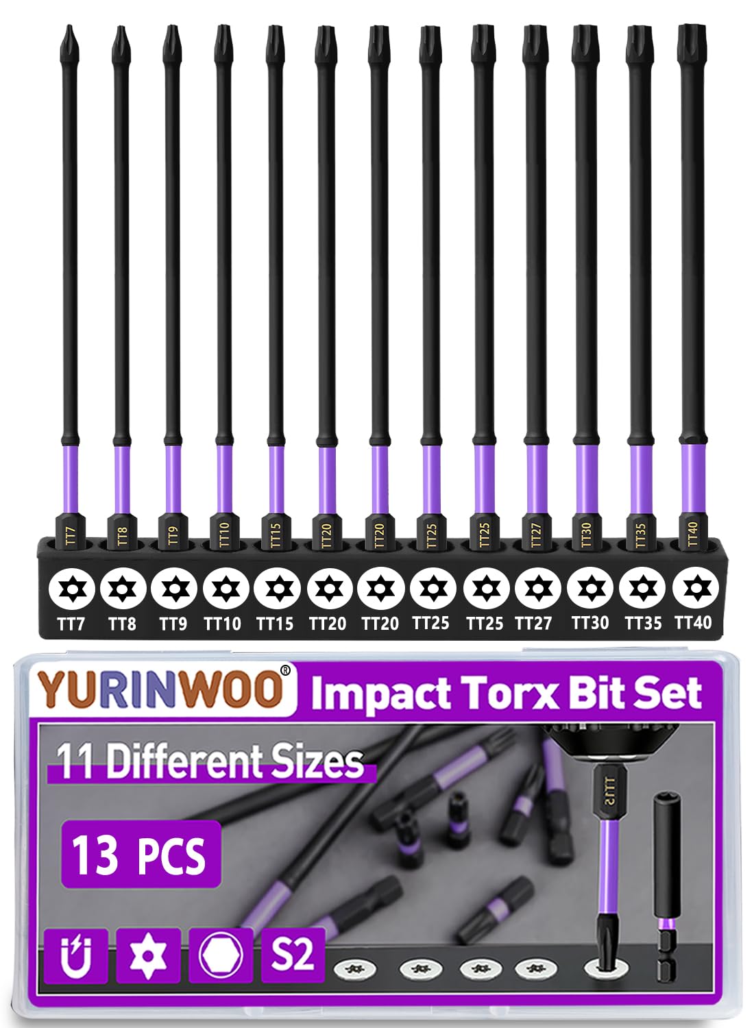 13 Pcs Torx Screwdriver Star Bit Set, 6" (150mm) Long Star Magnetic Screwdriver Bits, 1/4" Hex Shank S2 Steel Tamper Proof Torx Bit with Storage Box, for Automotive, Electronics, Appliances