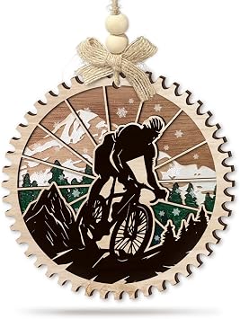 Cycling Christmas Ornament 2026 - Mountain Biker Decoration for Tree, 2 Layer Wood - Nature Adventure Bike Gift for Man, Cyclists, Outdoor Lover, MTB Riders