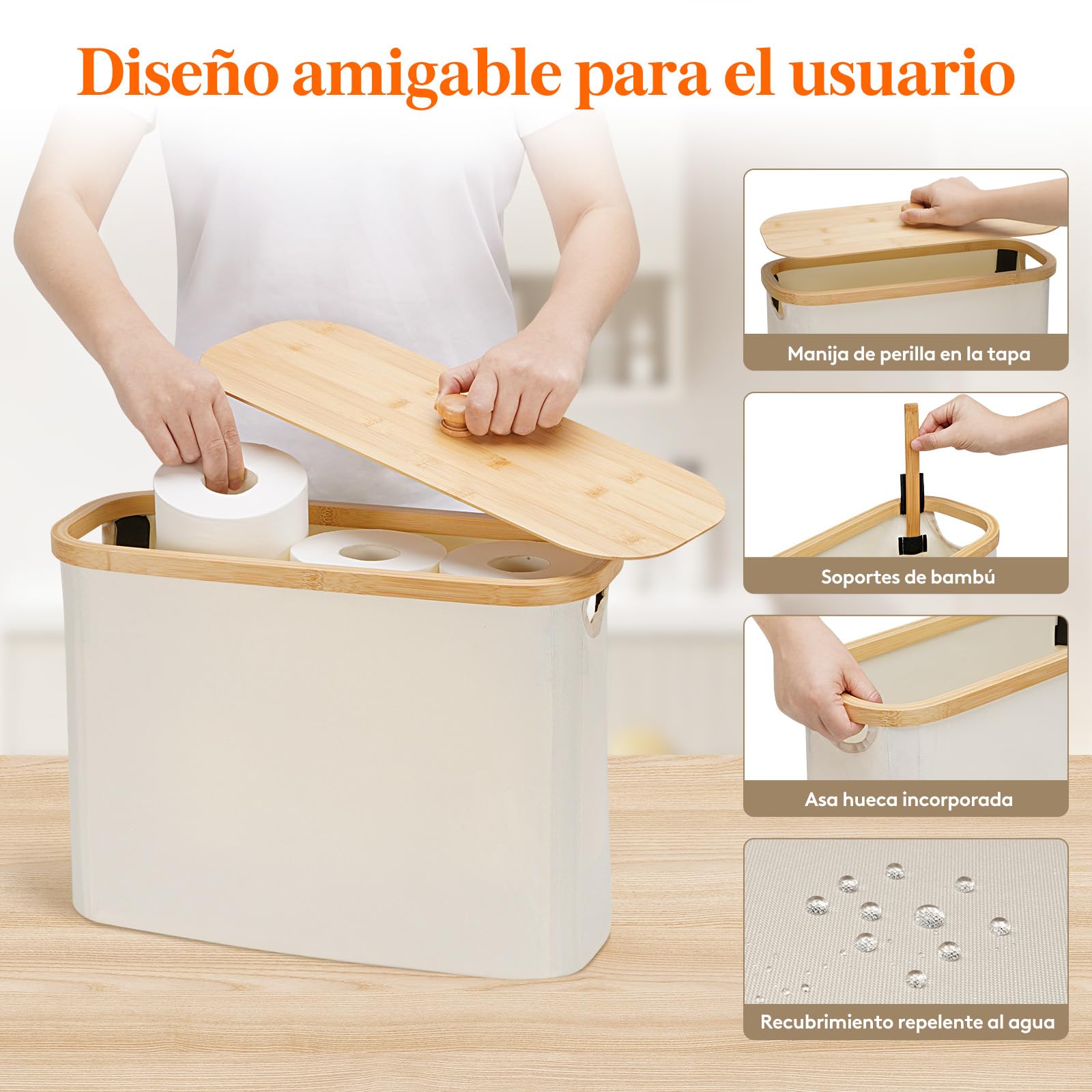 Lifewit Organizador Papel Higienico, Cesta Almacenaje Portarrollos Guarda Rollos Papel Higienico, Bambú Angosto Organizador Baño con Tapa, 23L, Blanco