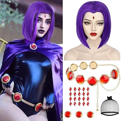 Ebingoo 7 piezas de peluca corta morada estilo Bob para mujer + accesorios de disfraz + gorra de peluca, peluca corta recta morada, peluca de pelo