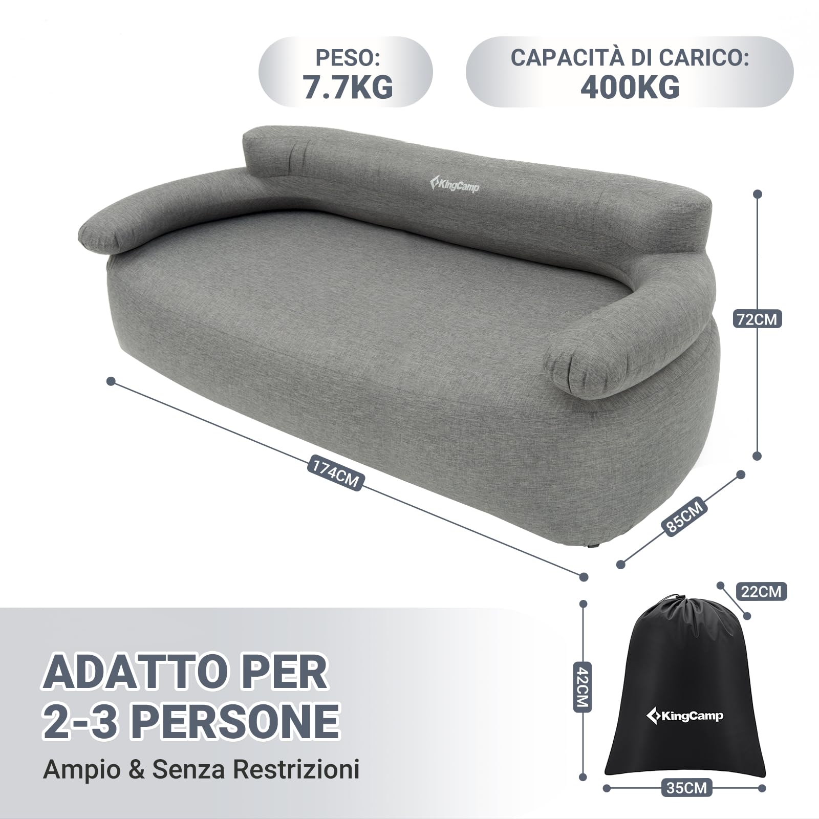 KingCamp Divano Gonfiabile ad Aria 2 Posti, con Pompa a Pedale, Alta Qualità Robusto, Copertura Esterno in Tessuto Rimovibile Lavabile, Adatto per Campeggio, Casa, Giardino, Festival Musicale ecc.