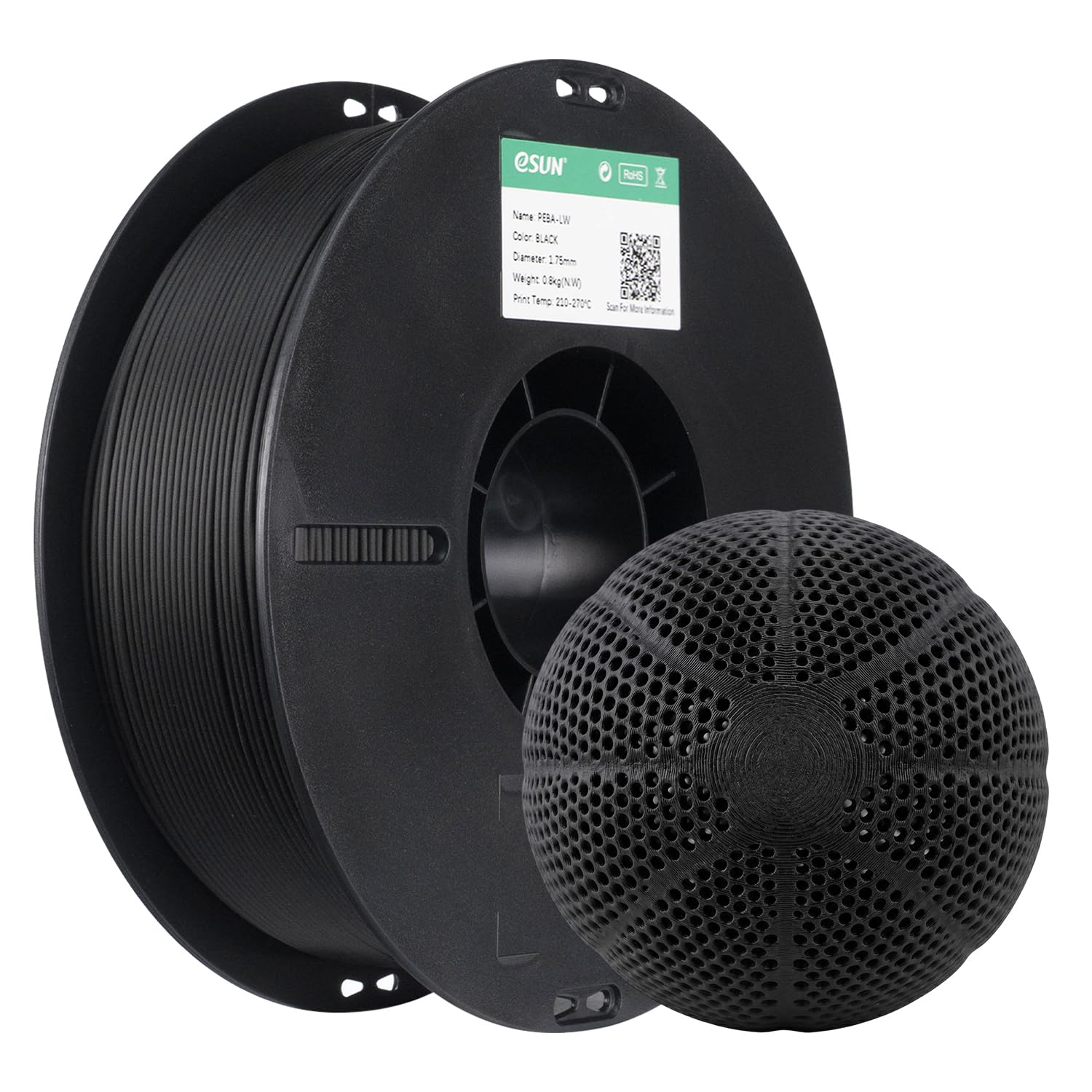 eSUN Filamento PEBA-LW Flexible para Impresora 3D 1,75 mm, Precisión ±0,05 mm, Bobina 0,8 kg, Material de Alta Resistencia para Impresión 3D, Negro