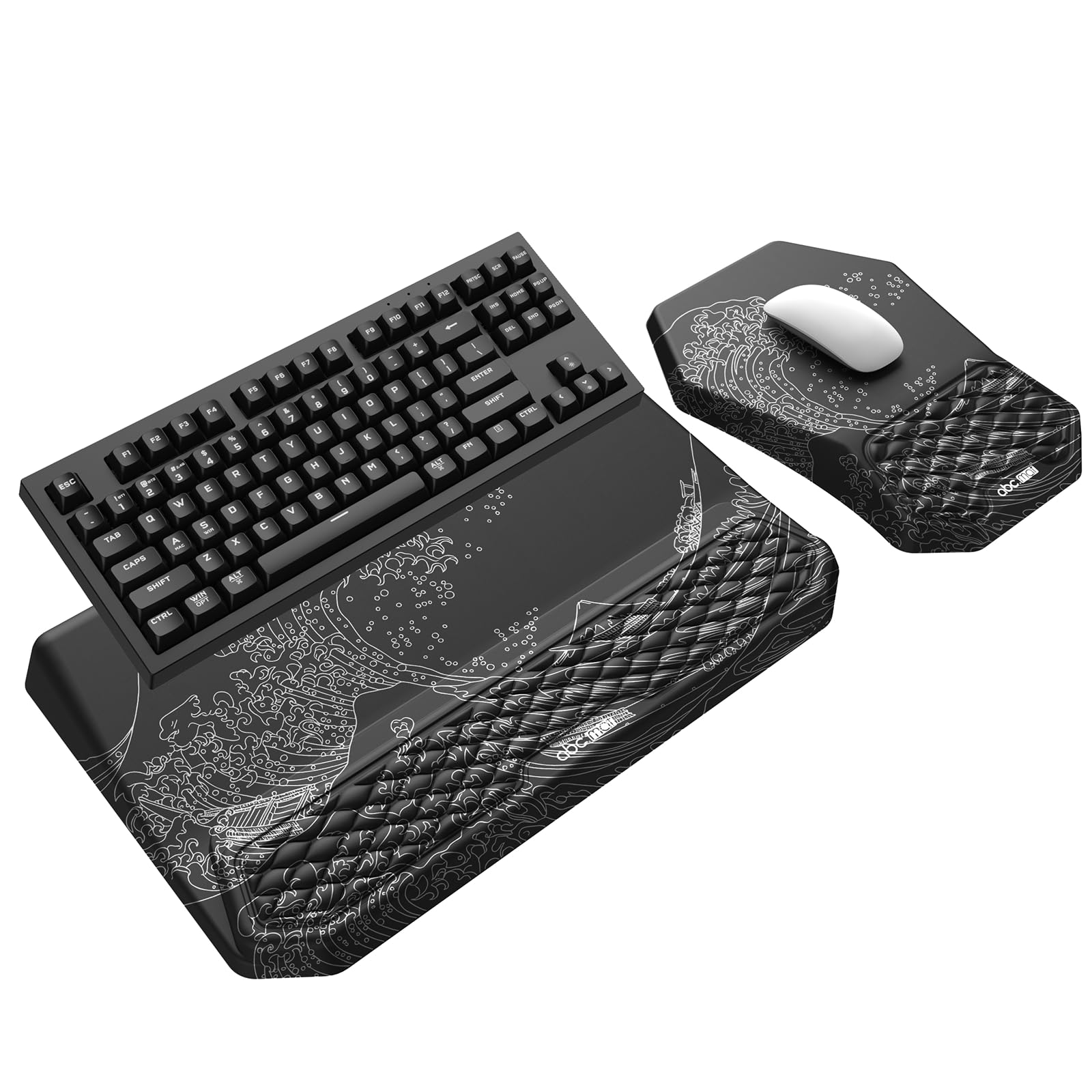 3-in-1 Ergonomic Keyboard Stand with Wrist Rest &amp; Mouse Pad Set, Black Wave