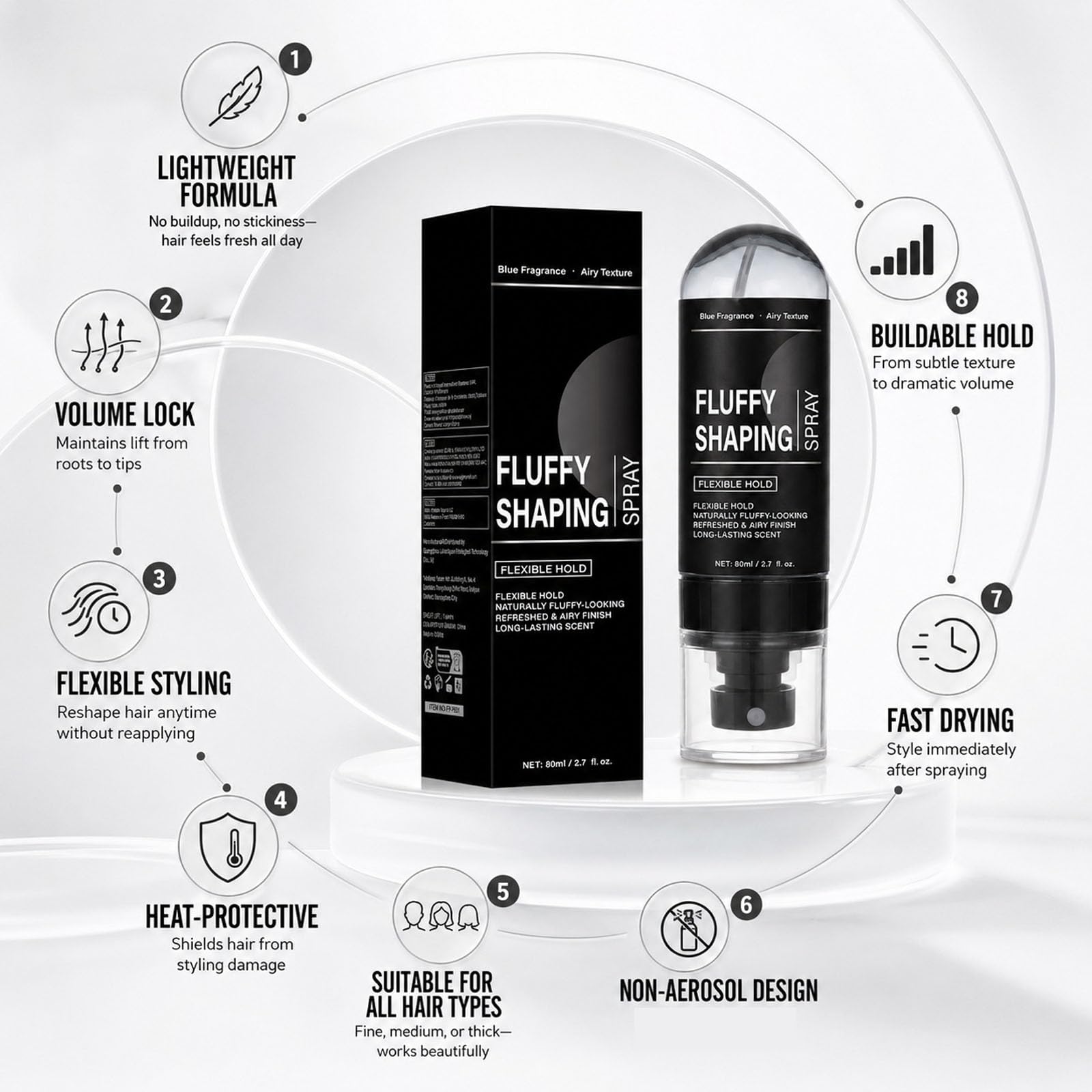 Soffice Spray Modellante per Capelli, Spray Regolante Volumizzante per Capelli Fini, Texture Rimbalzante Leggera Profumata di Pesca, Sollevamento Istantaneo delle Radici e Tenuta Flessibile di (8PCS)