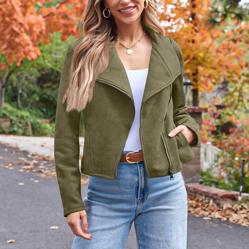 Dyhxuan Wildlederjacke Damen Cropped - Trendige Bikerjacke Aus Kunstleder