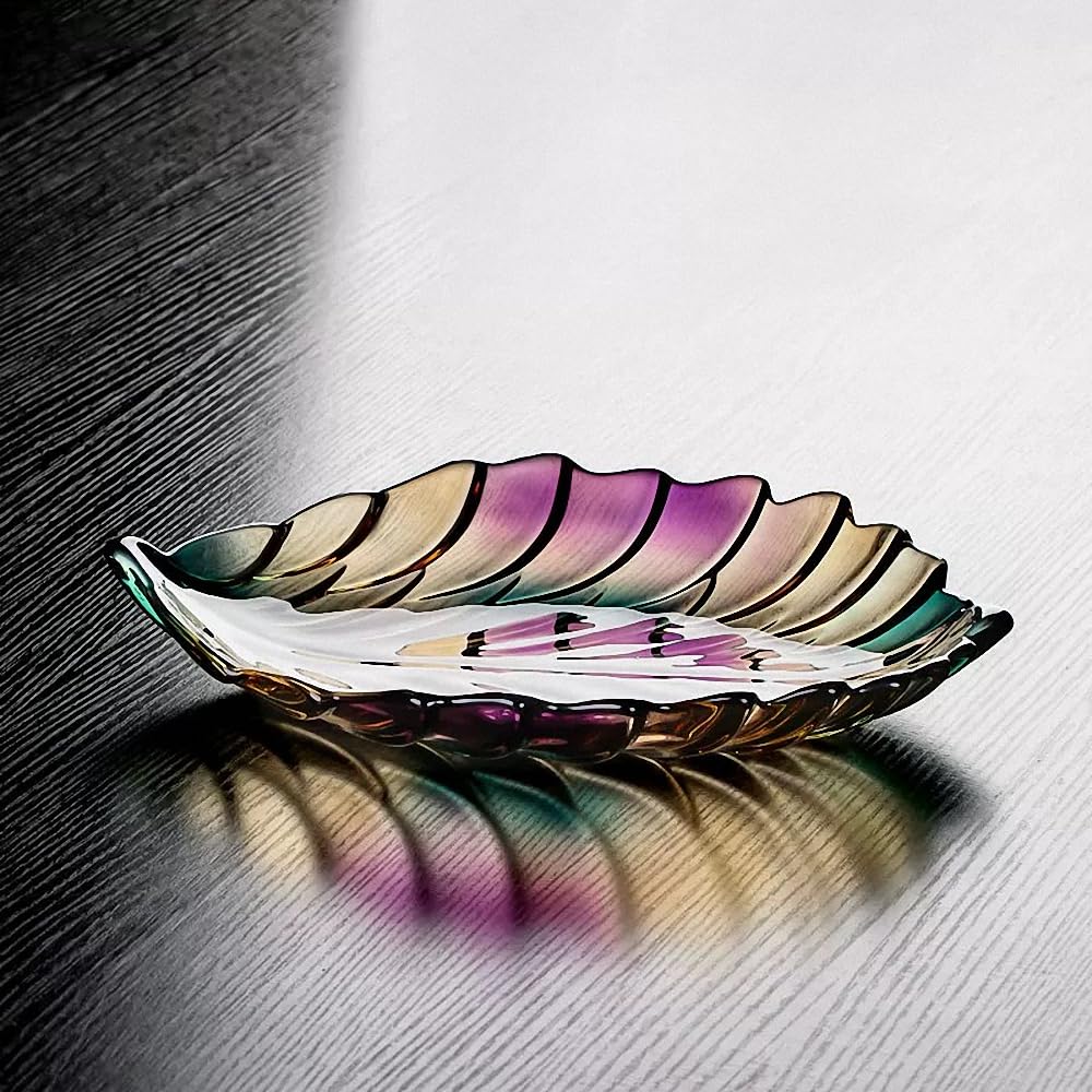 Kreative, bunte handbemalte Kristallglas-Blattform, dekorative Schale, 31 cm Durchmesser, Obst-Display und Küchentisch.
