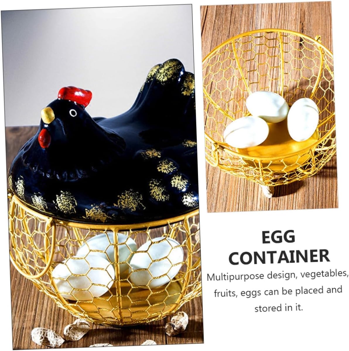 HANABASS Rustic Metal Egg Storage Basket with Black Iron Lid and Gold Wire Frame, Food-grade Egg Container for Kitchen Countertop and Fruit Vegetable Storage
