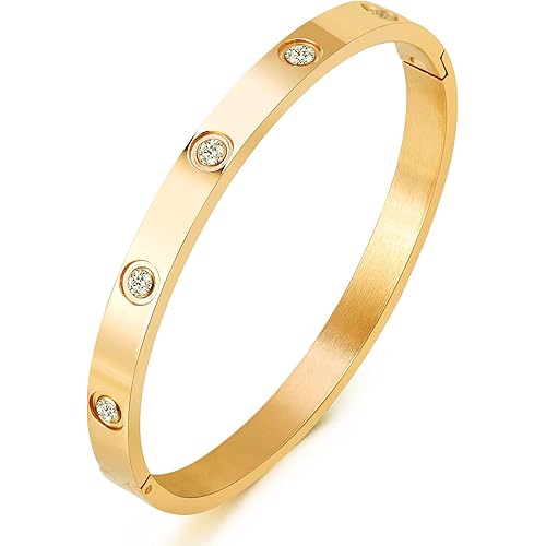Christmas Gift MVCOLEDY Jewelry Gold /White Gold Plated Bangle Bracelet Heart Stone Stainless Steel with Crystal Bangle Bracelets for Women Jewelry Size 6.7 Inches