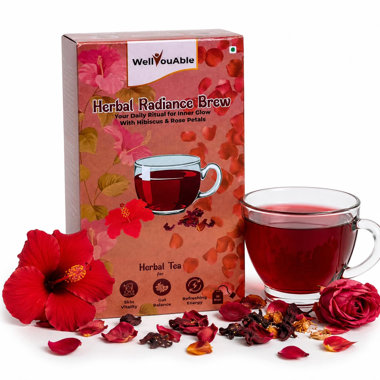 WellYouAble Herbal Radiance Brew Herbal Tea Bags | Hibiscus, Rose, Chamomile, Ginger, Lemongrass & Spearmint | Supports Skin Health, Digestion & Relaxation | Caffeine Free Herbal Infusion | 25 Tea Bags-image-16