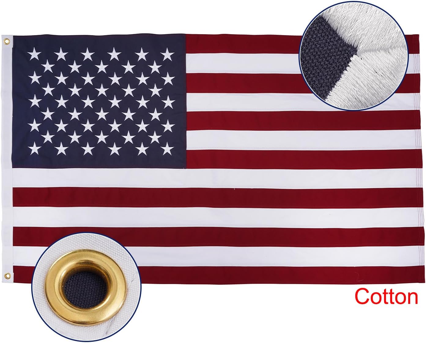 Bradford Cotton American Flag 3x5 feet for Indoor Embroidered Star USA Flags Soft Material, Cloth US United State Flag with 2 Brass Grommets