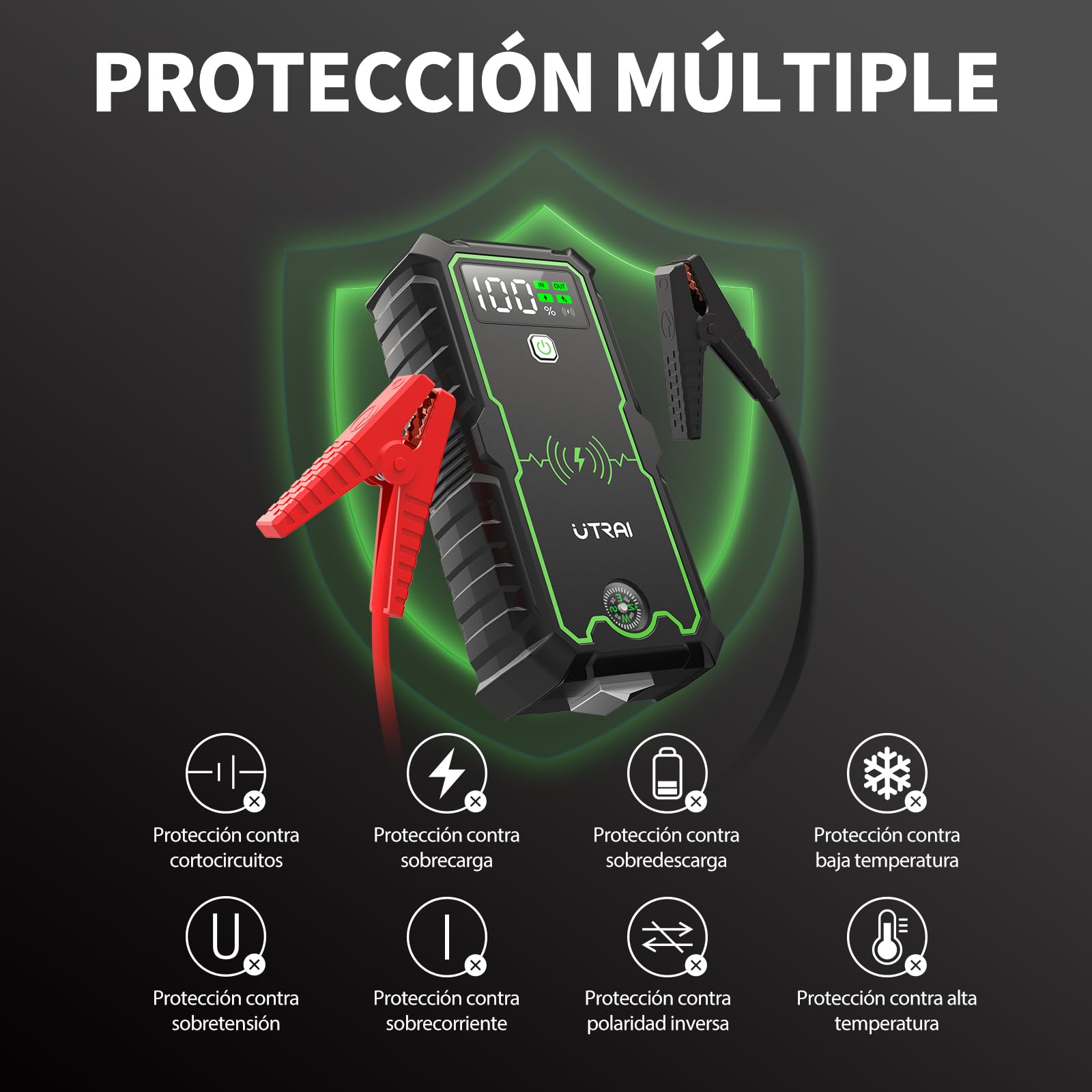 UTRAI Jump Starter Power Pack,6000A 27000mAh Car Battery Booster Jump Starter with Quick Charge 3.0 and DC Output,10W Wireless Charger,LED Flashlight,Compass,Safety Hammer (for All Gas/8.5L Diesel)