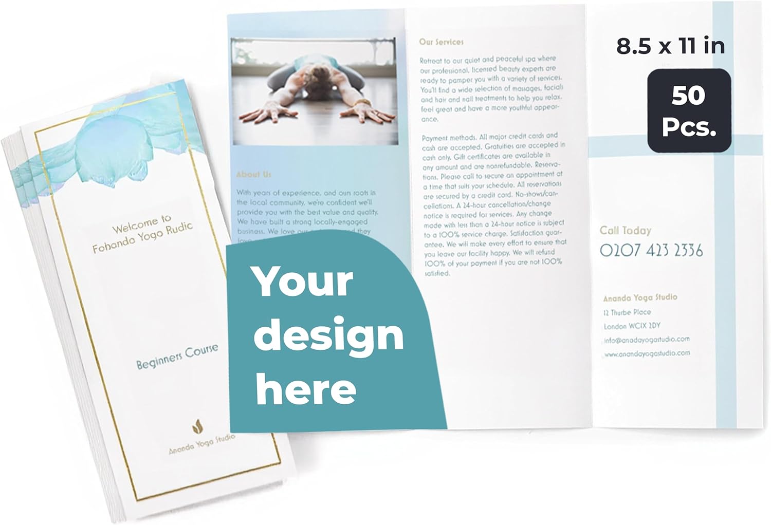 Custom Folded Leaflets, 8.5"x14", Pack of 50, Tri-Fold Business Brochures with Glossy 250gsm Paper, Double-Sided Printing, Bulk Corporate Marketing Materials for Promotions, Menus, Events