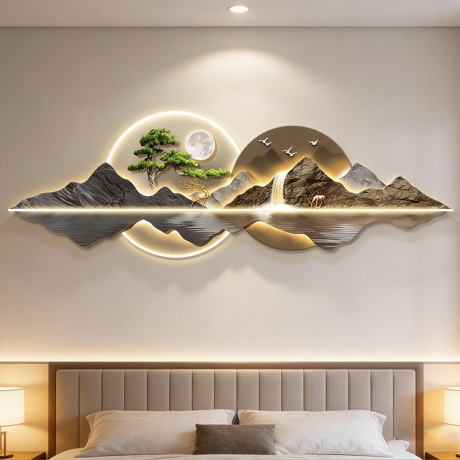 LED Wall Art, Modern 3D Wall Decor with Light, Home Decor Wall Hanging Mural Painting Large Landscape Walls Sculptures for Living Room Corridor(Brown,35.4x11.8in)