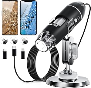 SKYBASIC USB Digital Microscope Camera, Handheld HD Inspection Camera 50x-1600x Magnification with Adjustable Stand, 8 LED Lights, Portable Microscopes Compatible with iOS & Android Devices（Black）