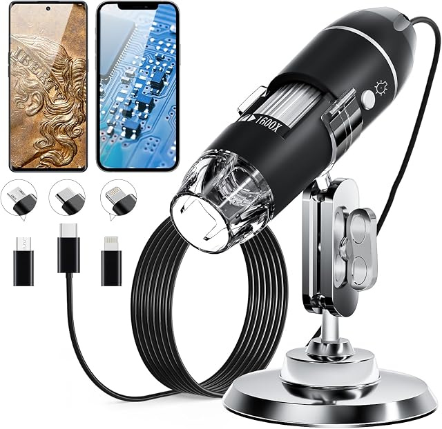 SKYBASIC USB Digital Microscope Camera, Handheld HD Inspection Camera 50x-1600x Magnification with Adjustable Stand, 8 LED Lights, Portable Microscopes Compatible with iOS & Android Devices(Black)