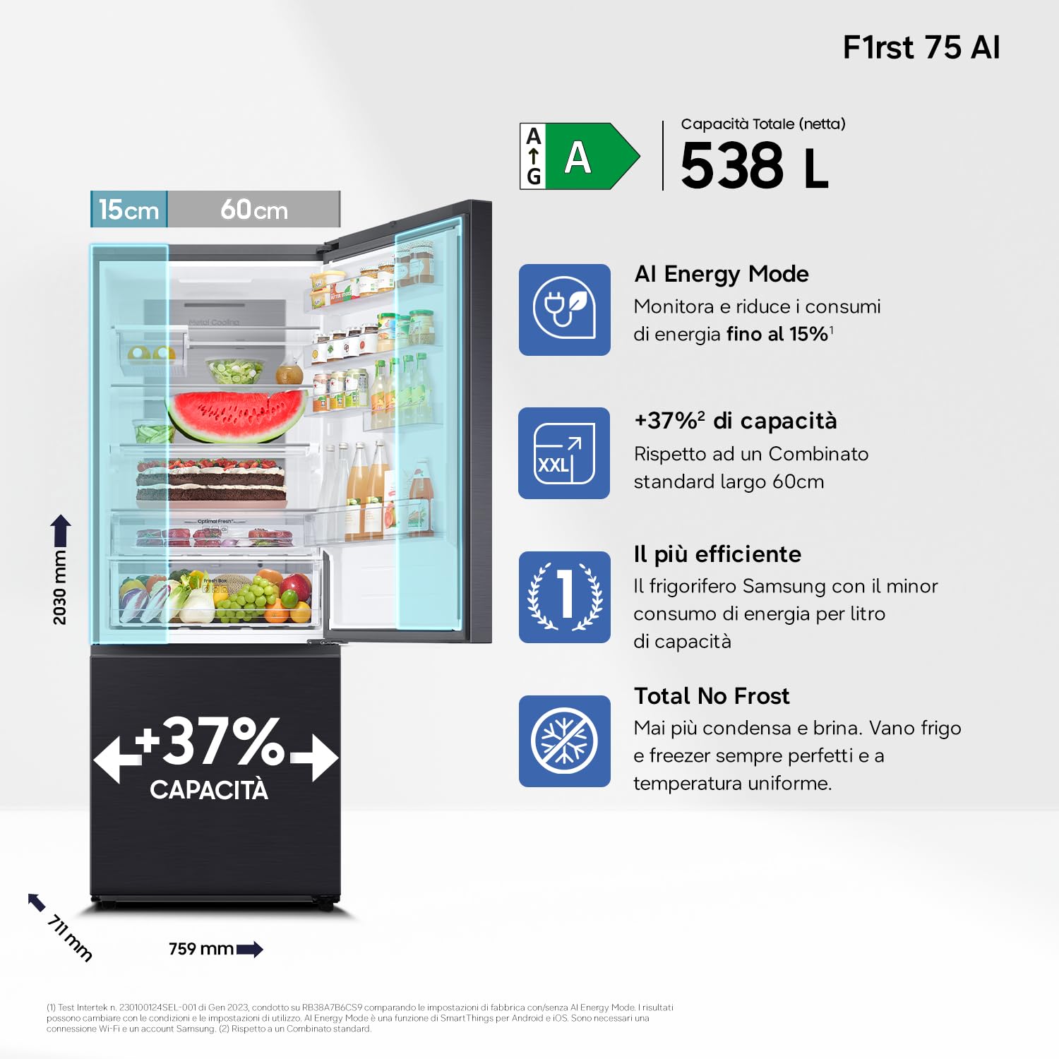Samsung Frigorifero Combinato F1rst 75 AI RB53DG706AB1/EF, Wifi, Largo 75cm, Twin Cooling Plus, Metal Back, Total No Frost, 538 L, LxAxP: 75,6 x 203 x 71,1 cm, Antracite