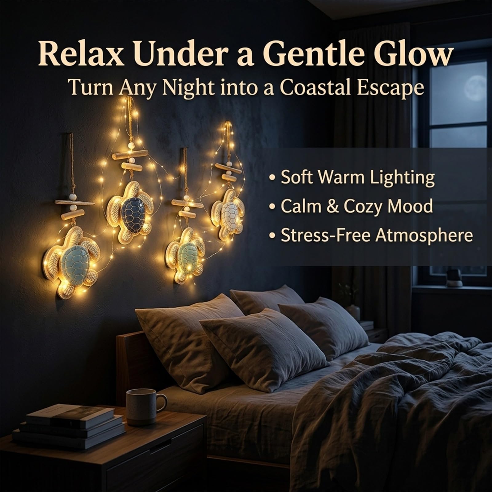 Glowing Coastal Sea Turtle Wall Art, Lighted Hanging Wall Decor with Lights(4pcs)