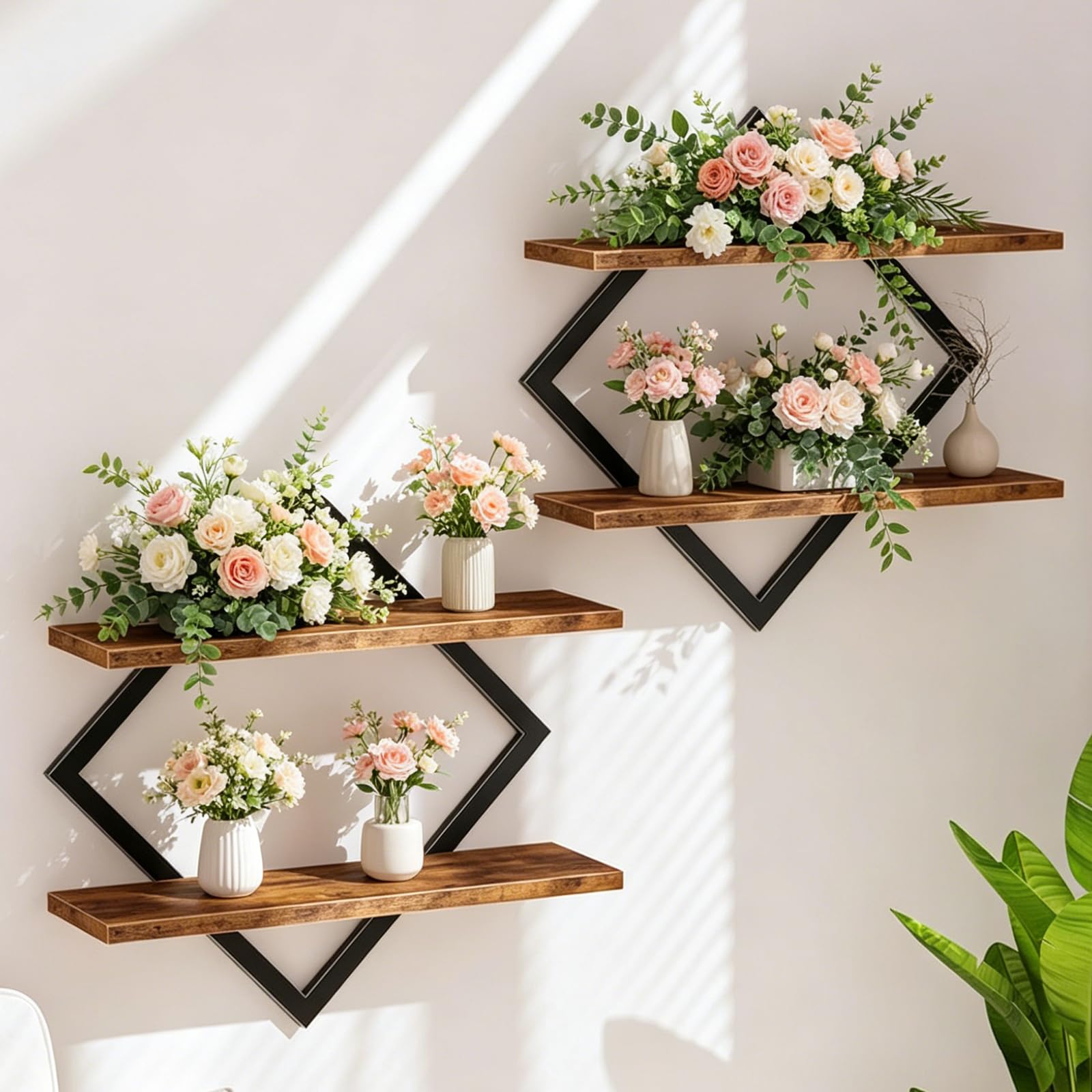 SUKIYPO Floating Shelves Set of 2 Wall Mounted Shelves, 2-Tier Hanging Rope Shelves, Rustic Wooden Wall Shelves for Living Room, Bedroom, Kitchen, Office, Brown