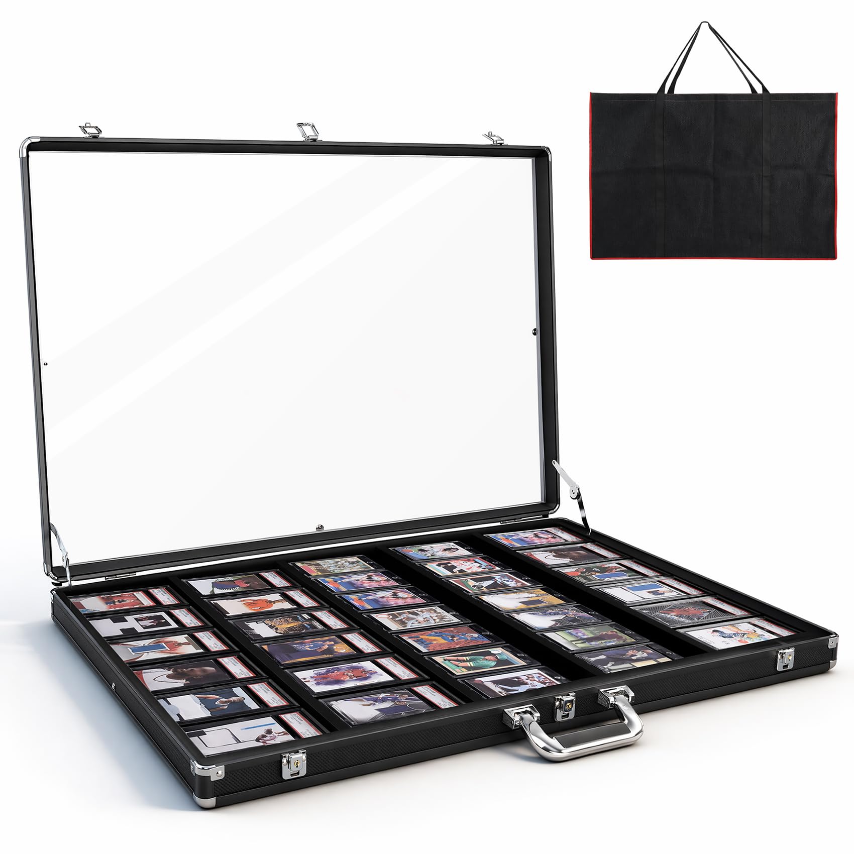 Photo 1 of **EDGES OF GLASS ARE PUSHED IN** Trading Card Display Case,34"x22" Card Show Display Case,Excellent Quality and High Performance,Card Display case with Alloy Safety Lock&Anti-wear Surface for Sports Card/TCG/Jewelry Collection,Black