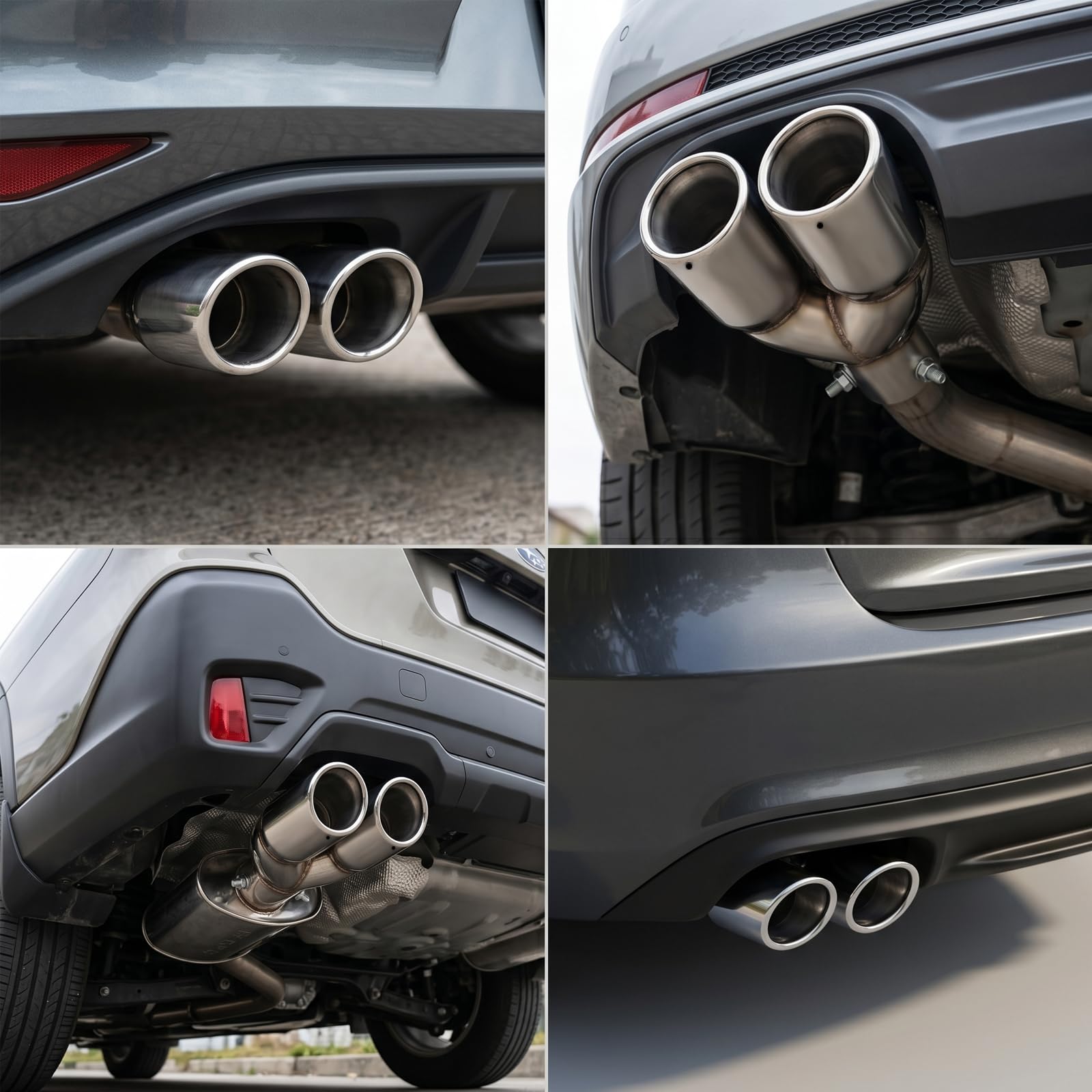 Catekro 38-54mm Cola de Escape Coche, Acero Inoxidable Doble Salida Embellecedor para Tubo de Escape Punta de Exterior Universal Ajustable con Tornillo para Diésel&Gasolina Coche (Plateado Brillante)