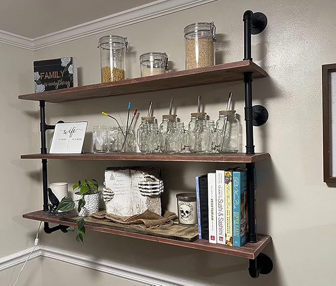 Floating Shelves,Wall Mounted Rustic Wood Shelf,Pipe Shelves,Industrial Pipe Shelving with Real Wood Planks 48 inch Industrial Wall Shelves Hanging Bookshelf Farmhouse Kitchen Bar Shelving