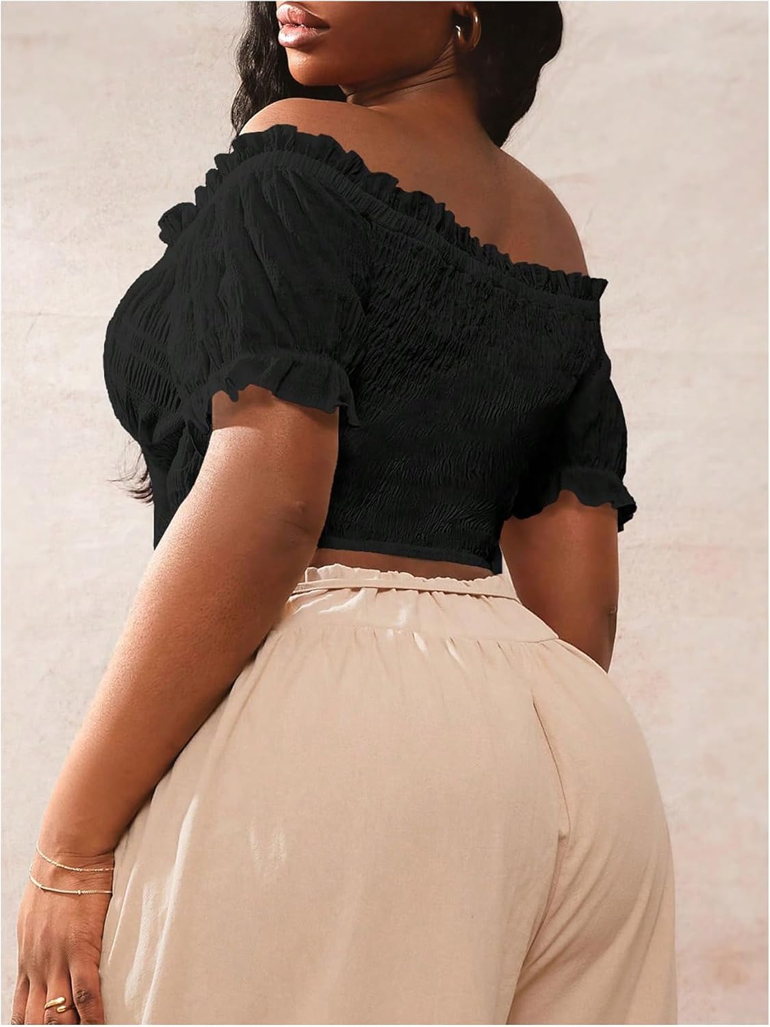 Verdusa Women's Plus Size Off The Shoulder Tops Tie Front Short Sleeve Crop Shirts - Image 2