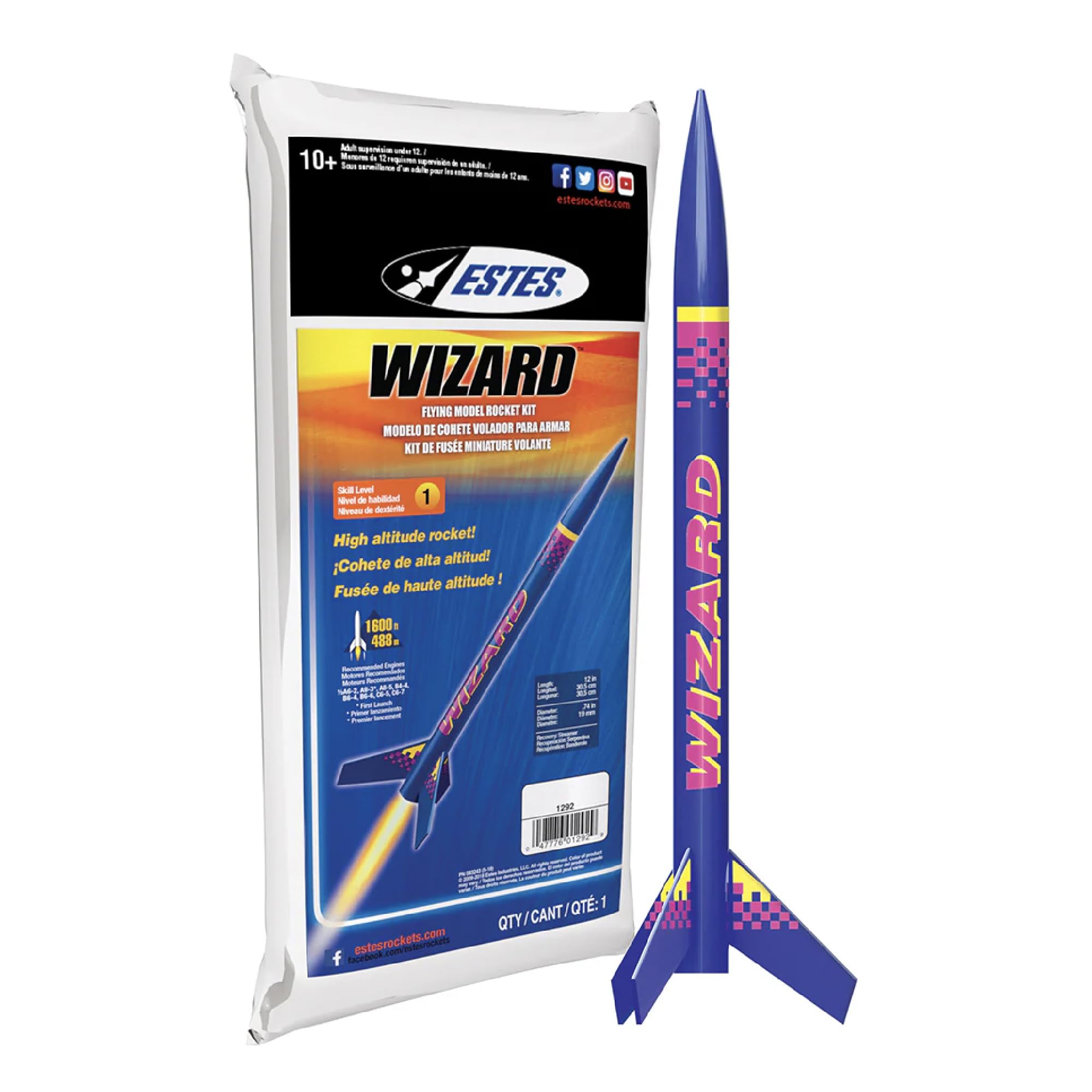 Estes 1292 Wizard Rocket-Building Kit, Intermediate Flying-Rocket-Model Kit for Ages 10+