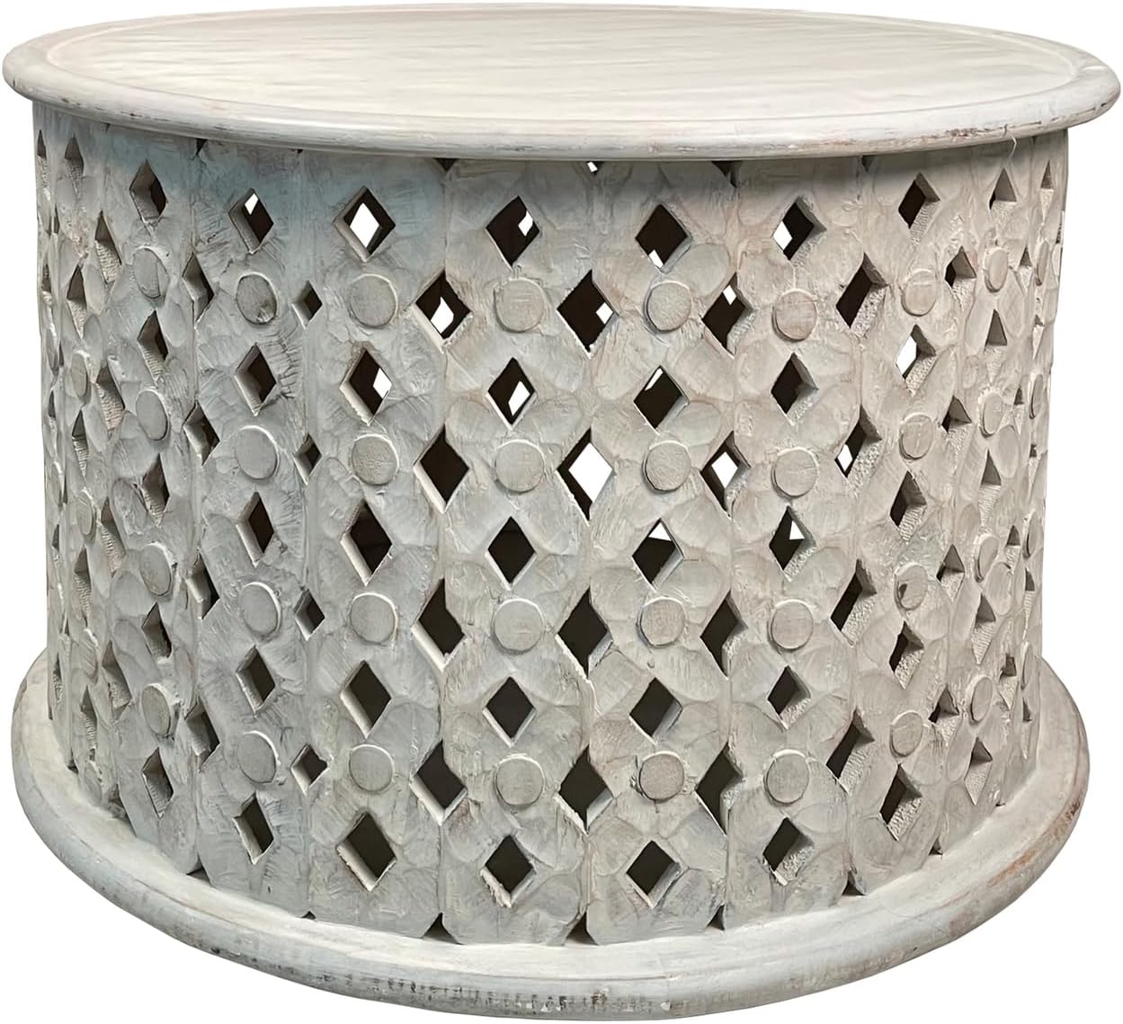 Maykoosh Lakeside Living 28 Inch Artisanal Round Mango Wood Coffee Table, Intricate Diamond Lattice Cut Out Frame, Washed White