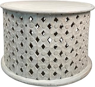 Maykoosh Lakeside Living 28 Inch Artisanal Round Mango Wood Coffee Table, Intricate Diamond Lattice Cut Out Frame, Washed White