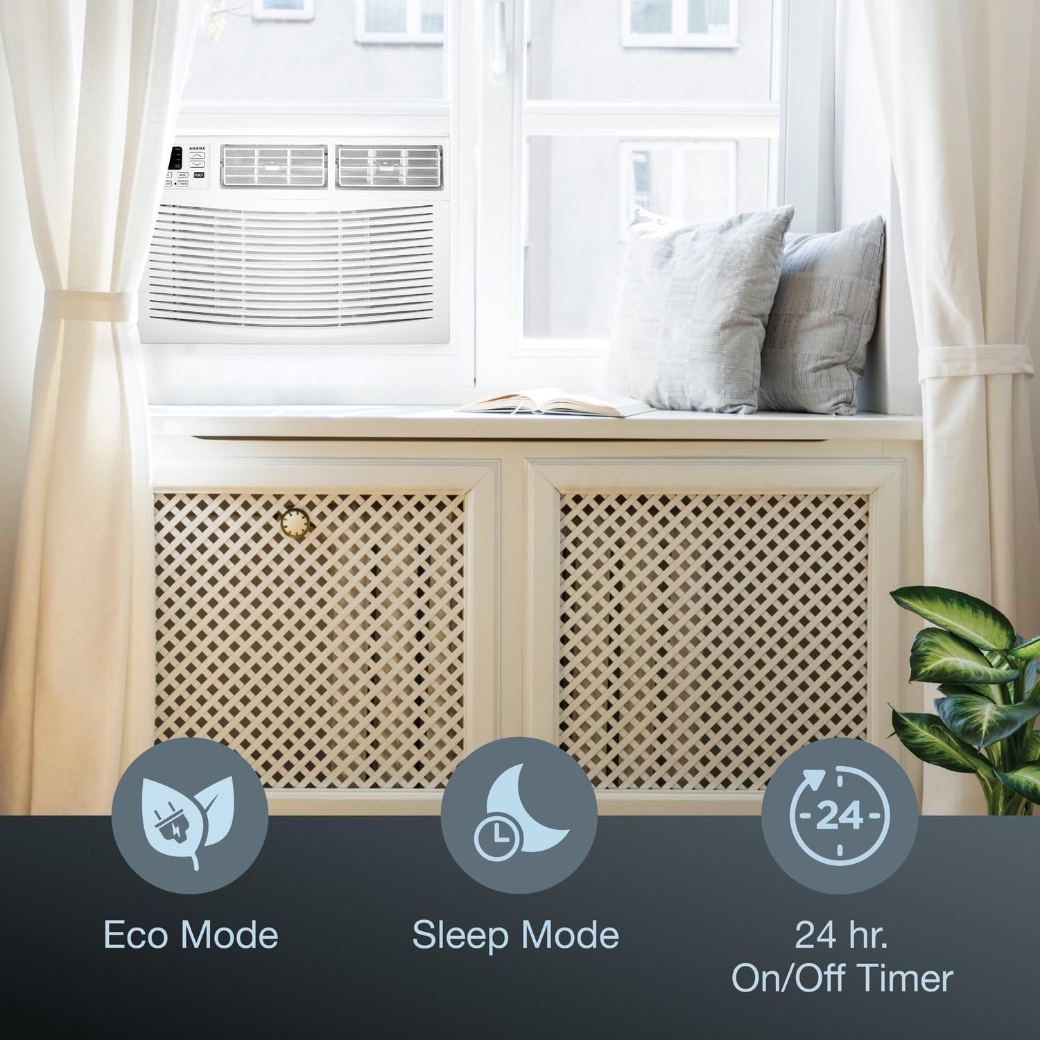 Amana 12,000 BTU Window Air Conditioner, 115V, Cools up to 550 Sq. Ft. for Bedroom, Living Room, Kitchen, with Remote Control, 24H Timer, 3-Speed, Auto-Restart, Digital Display, White
