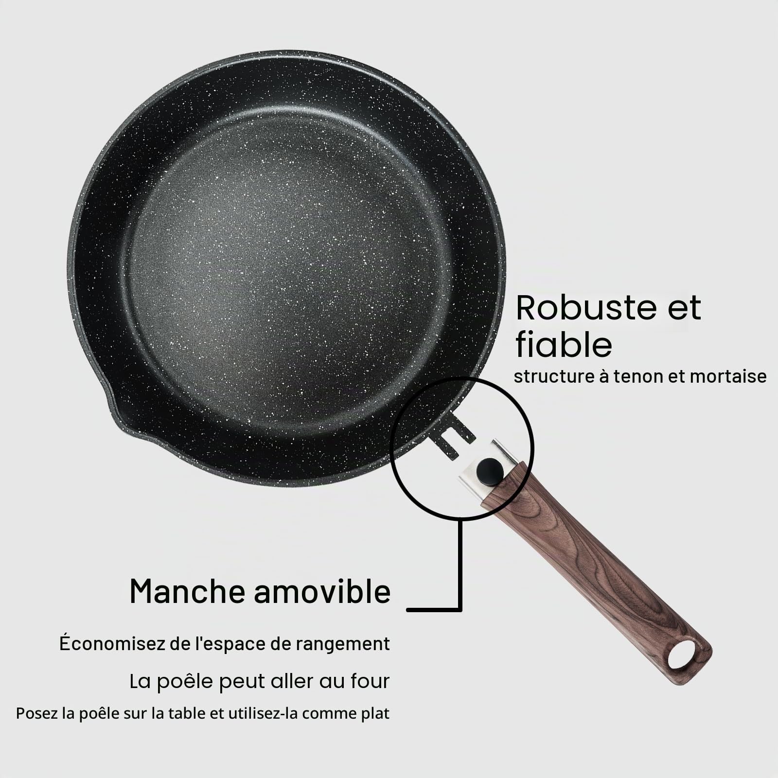 Kordisen Poêle à Frire Profonde 28 cm avec Couvercle, Poignée Amovible, Revêtement en Pierre de Granit Antiadhésive pour la Cuisson, Batterie de Cuisine à Induction, Sans PFOA
