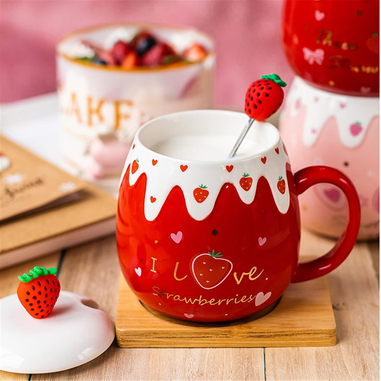 Coffee Mug Cups Ceramic Tea Cup Fruits Strawberry Shaped Handmade Cute Mugs With Lid Spoon Handle Office Home Hot Ice Chocolate Milk Mugs Gift Microwave Dishwasher Safe Travel Mugs (Strawberry) image 3