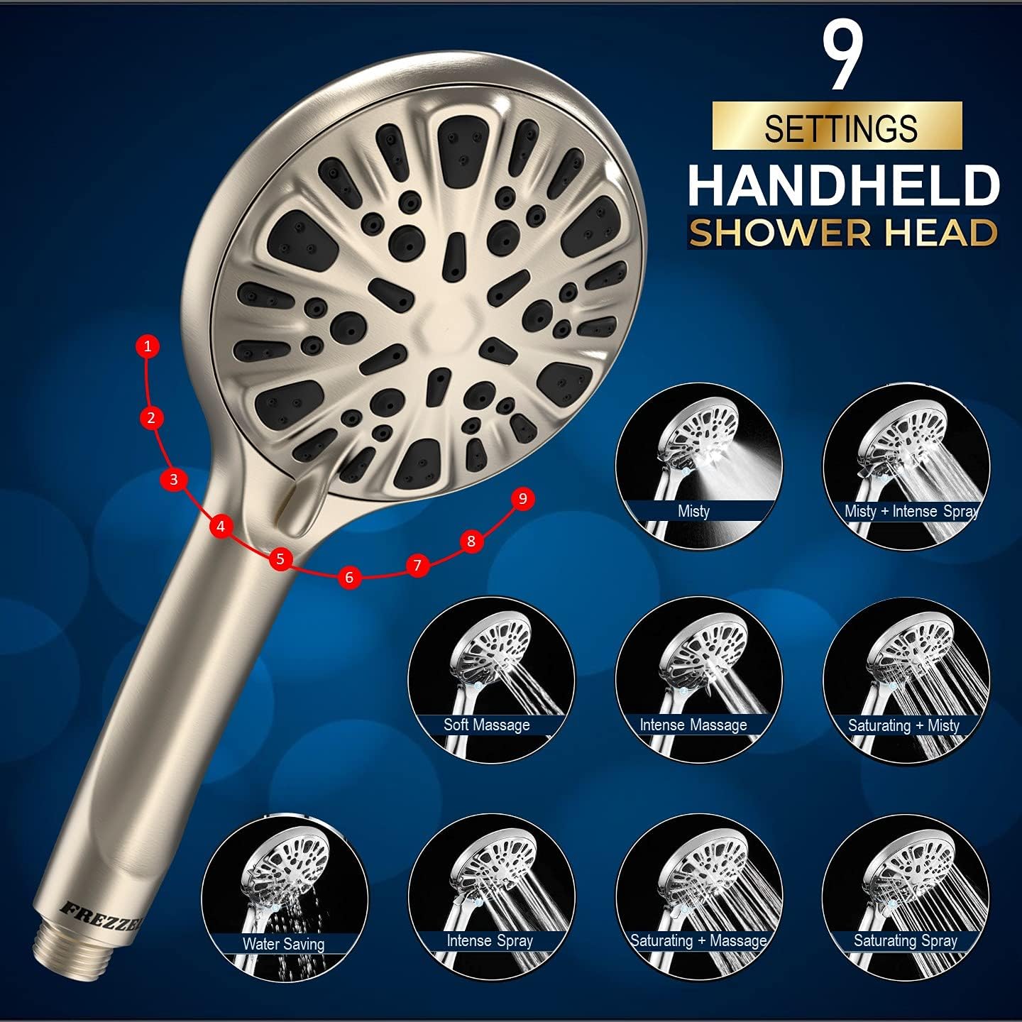 High Pressure Shower Head with Handheld 9 Spray Setting - 4.75" Brushed Nickel Detachable Shower Head with Hose 60 inches SS- Handheld Shower Heads High Pressure with Shower Cap