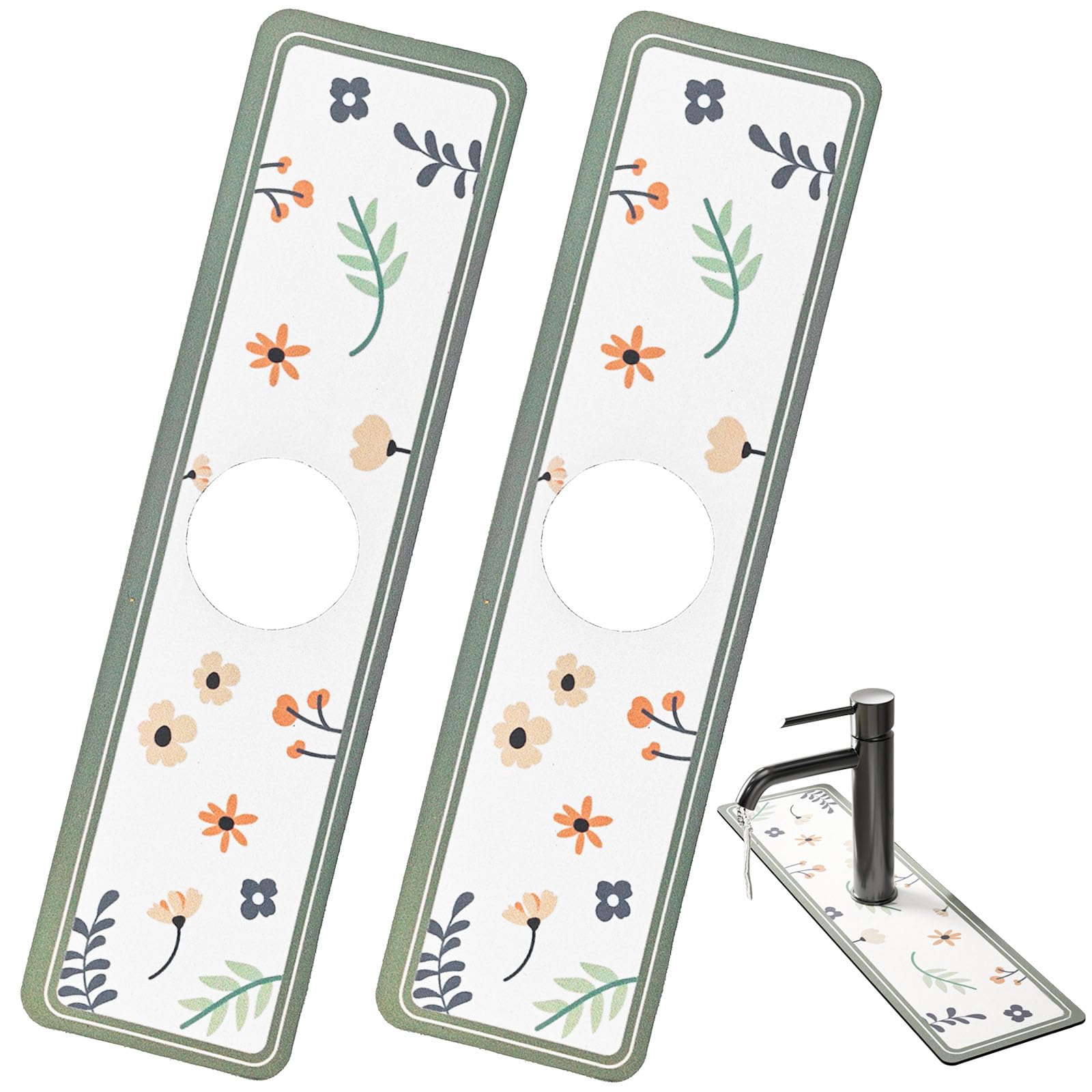 2 PACK Kitchen Sink Splash Guard Faucet Mat Silicone Faucet Handle Drip Catcher Tray Sink Gadgets for Kitchen, Bathroom, Farmhouse (Spring Flowers)