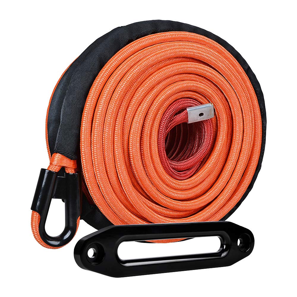AMOPACORP Combo 95 feet x 3/8 inch Orange Synthetic Winch Rope WLL 22000lbs and Anodized Black 10 inch Hawse Fairlead Off-Road Recovery SUV Truck Trailer