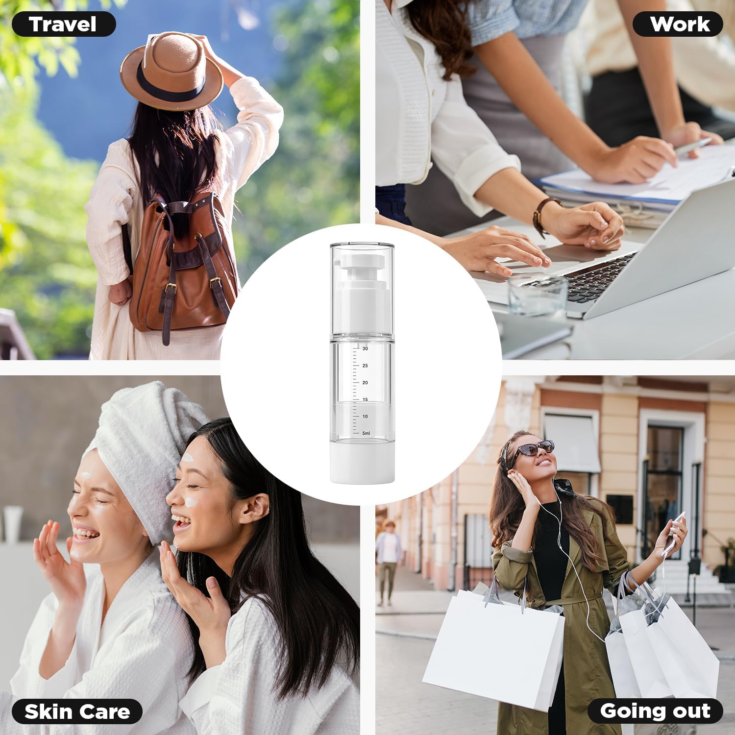 Airless Pump Bottles Set – 5 Pack 1oz (30ml) Empty Travel Pump Bottles, Leak Proof Vacuum Dispenser for Lotion, Foundation, Shampoo, Refillable Travel Size Toiletries Containers