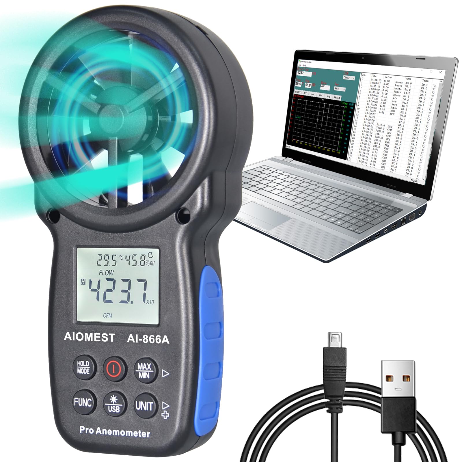 Anémomètre VMC m3/h Professionnel, AIOMEST Numérique Débitmètre d'Air AI-866A Mesurant la Vitesse, le Débit HVAC, Humidité, la Température pour Ventilation CVC, Extérieur Drones