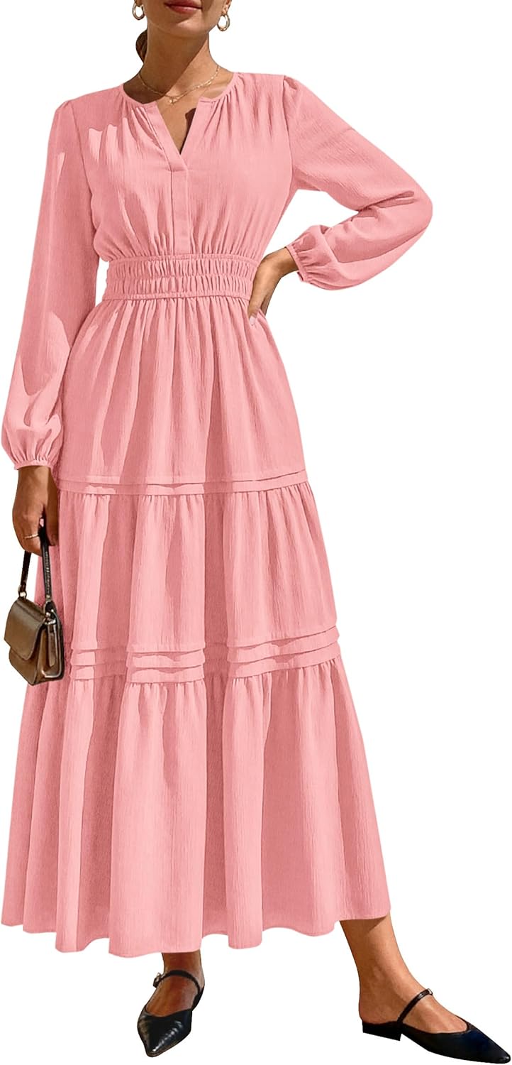 PRETTYGARDEN Women's 2025 Elegant Maxi Dresses Long Sleeve V Neck Flowy Pockets Casual Modest Dress Fall Fashion Clothes