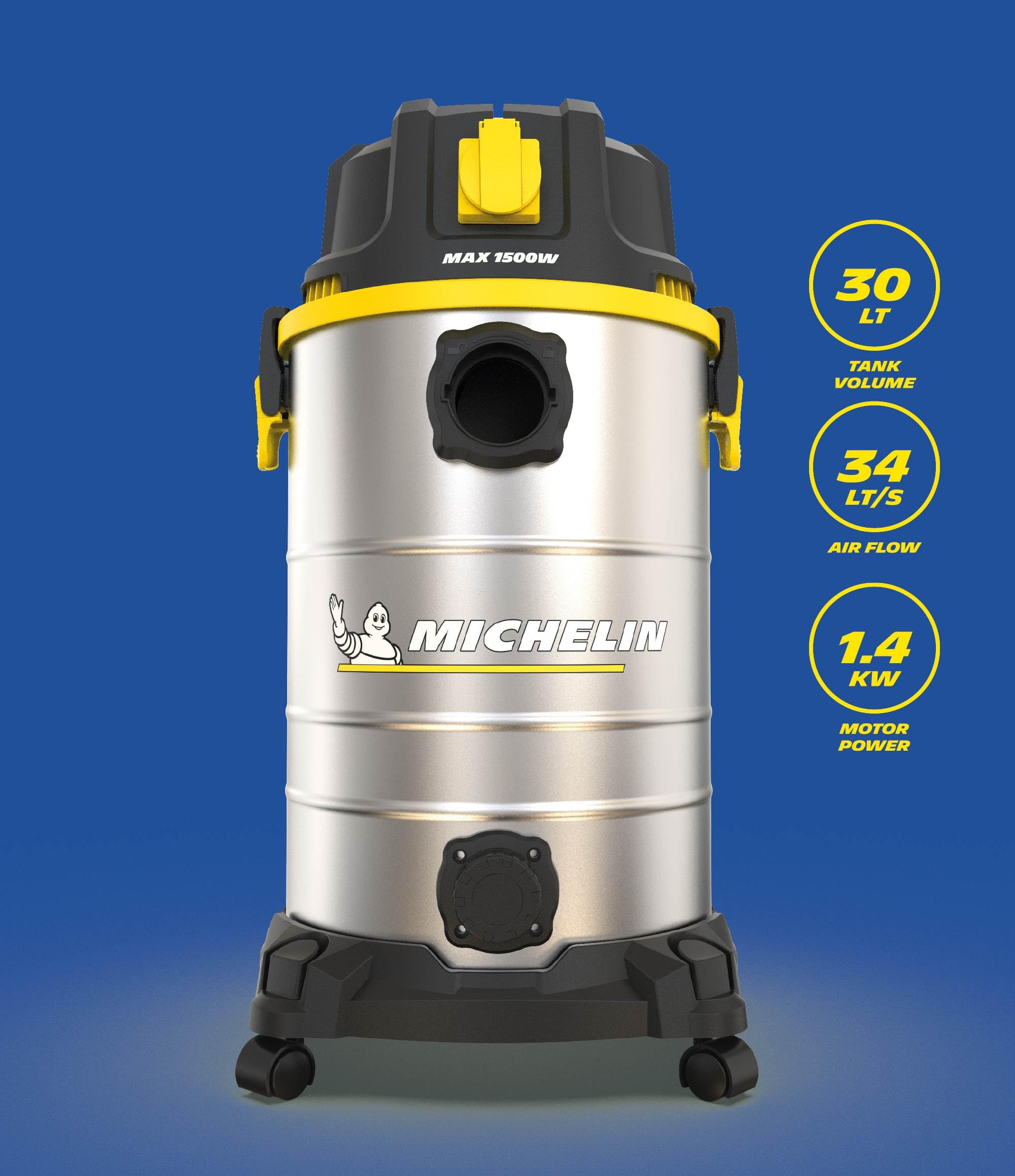 Michelin HP30PRO Aspirador Industrial 30L 1400W - Seco y Húmedo - Depósito INOX - Vibración Mecánica Filtro - Drenaje Líquidos - Cable 4m