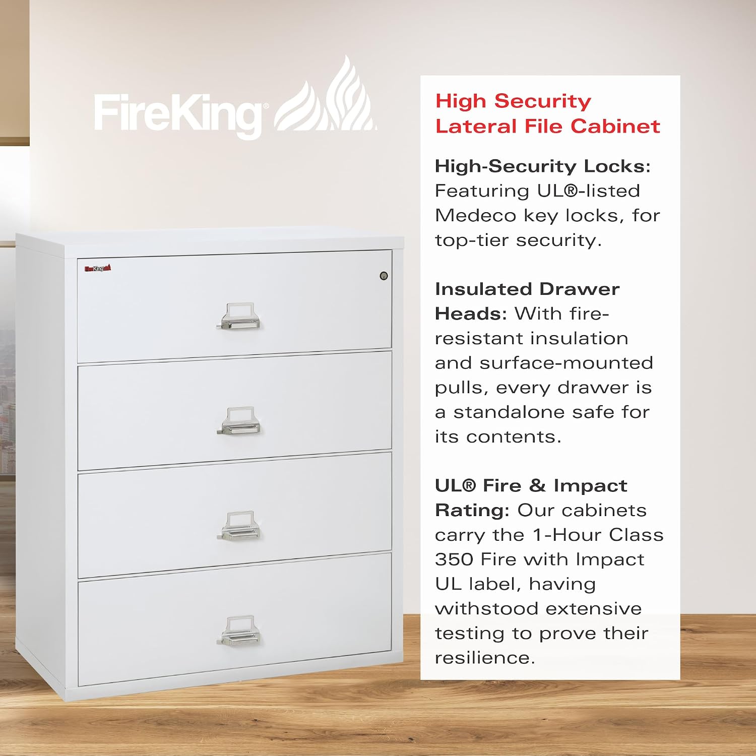 FireKing Fireproof Lateral File Cabinet (4 Drawers, Impact Resistant, Water Resistant), 44" W x 22" D, Arctic White, Made in USA